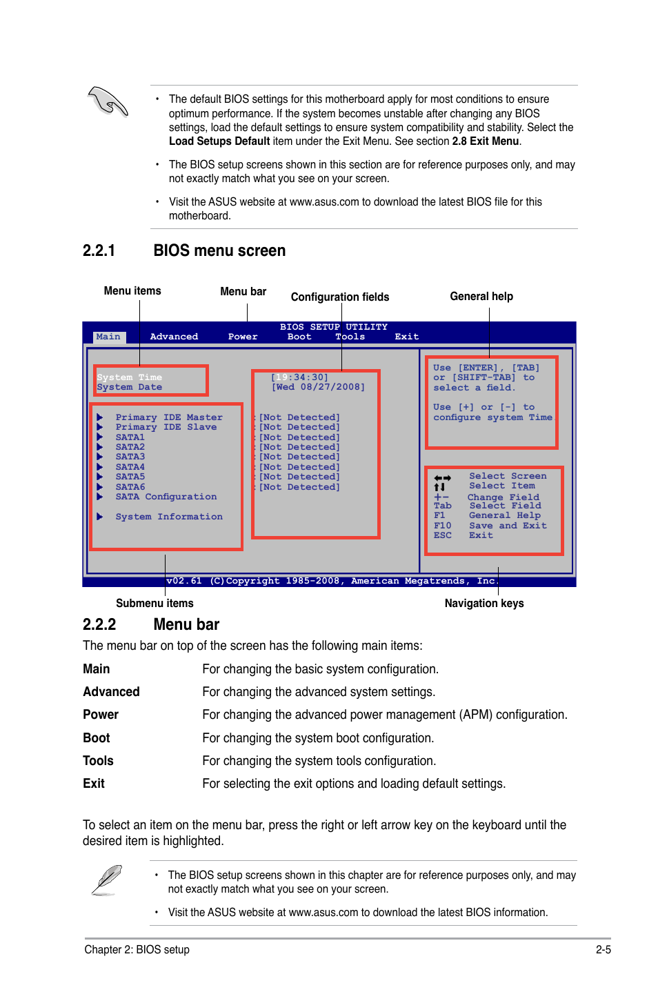 1 bios menu screen, 2 menu bar, Bios menu screen -5 | Menu bar -5, 1 bios menu screen 2.2.2 menu bar | Asus M3A76-CM User Manual | Page 43 / 60