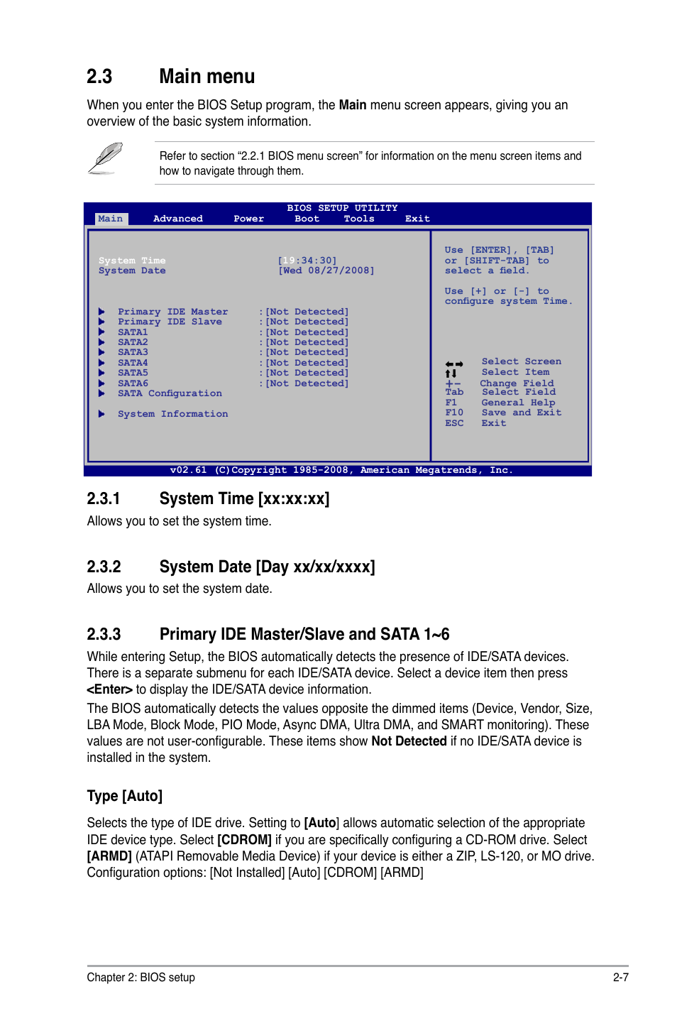 3 main menu, 1 system time, 2 system date | 3 primary ide master/slave and sata 1~6, Main menu -7 2.3.1, System time -7, System date -7, Primary ide master/slave and sata 1~6 -7, 1 system time [xx:xx:xx, Type [auto | Asus M3A76-CM User Manual | Page 45 / 60