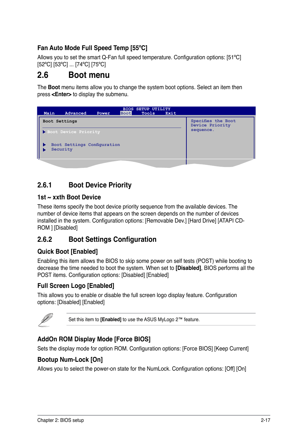 6 boot menu, 1 boot device priority, 2 boot settings configuration | Boot menu -17 2.6.1, Boot device priority -17, Boot settings configuration -17 | Asus M3A76-CM User Manual | Page 55 / 60