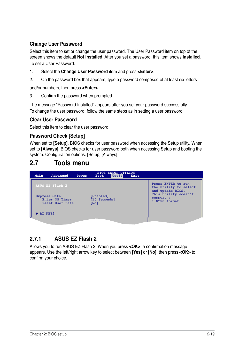 7 tools menu, 1 asus ez flash 2, Tools menu -19 2.7.1 | Asus ez flash 2 -19, Change user password, Clear user password, Password check [setup | Asus M3A76-CM User Manual | Page 57 / 60