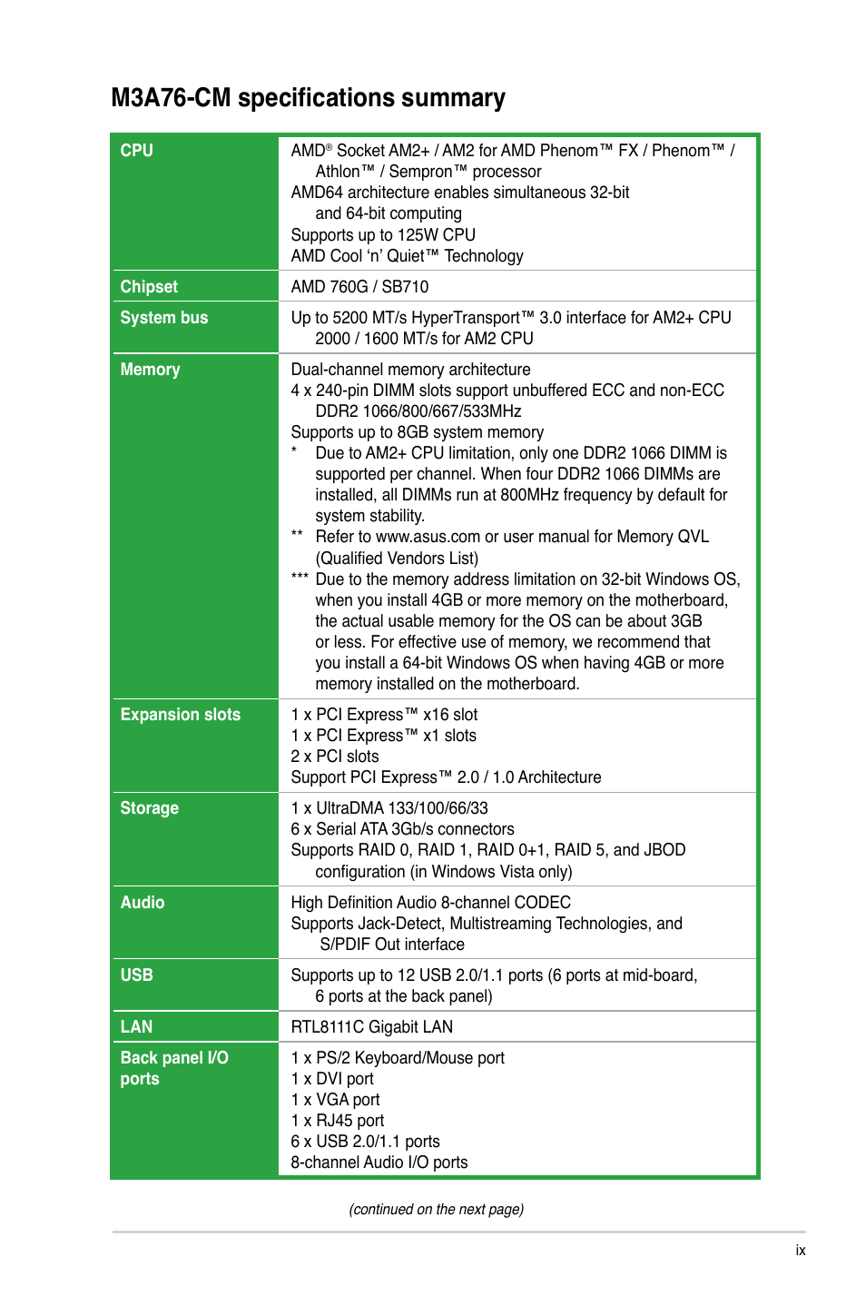 M3a76-cm specifications summary | Asus M3A76-CM User Manual | Page 9 / 60