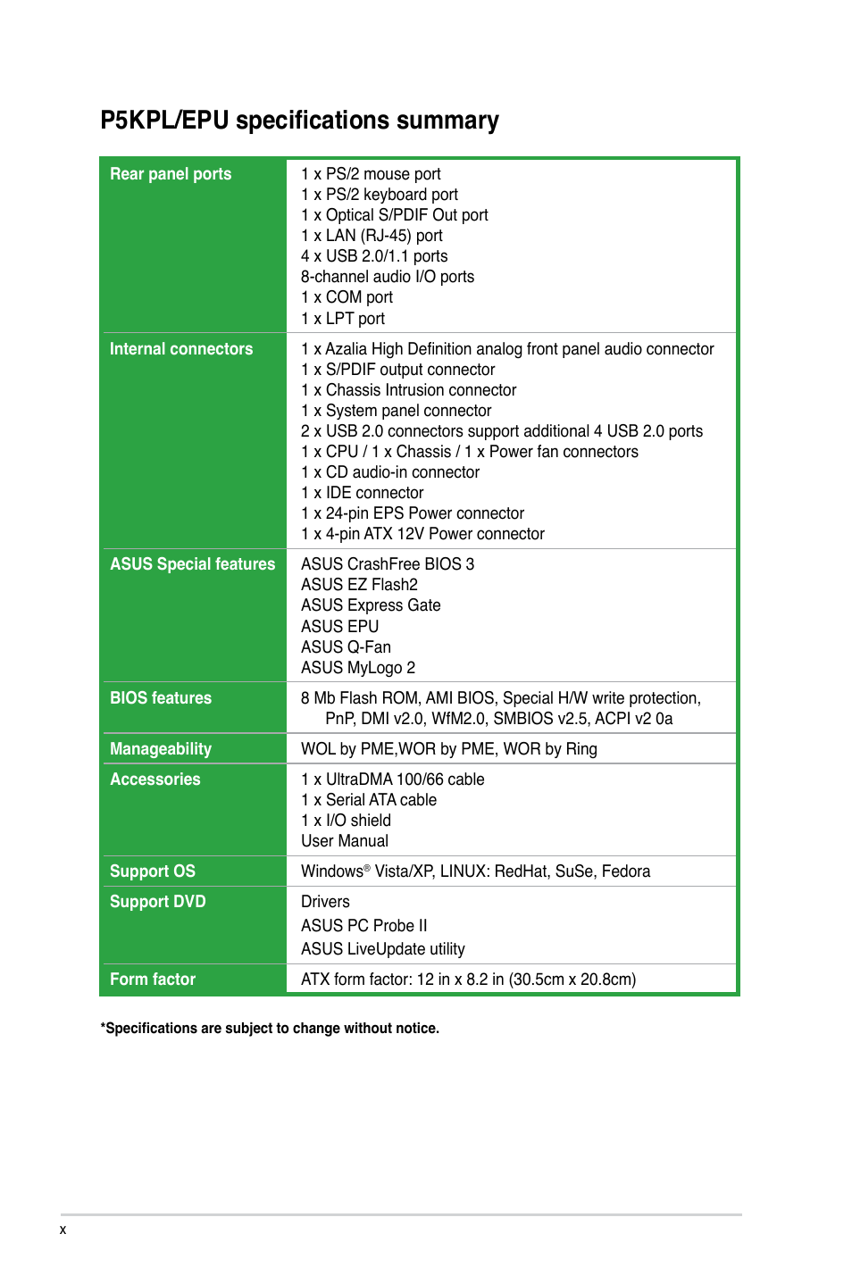 P5kpl/epu specifications summary | Asus P5KPL/EPU User Manual | Page 10 / 62