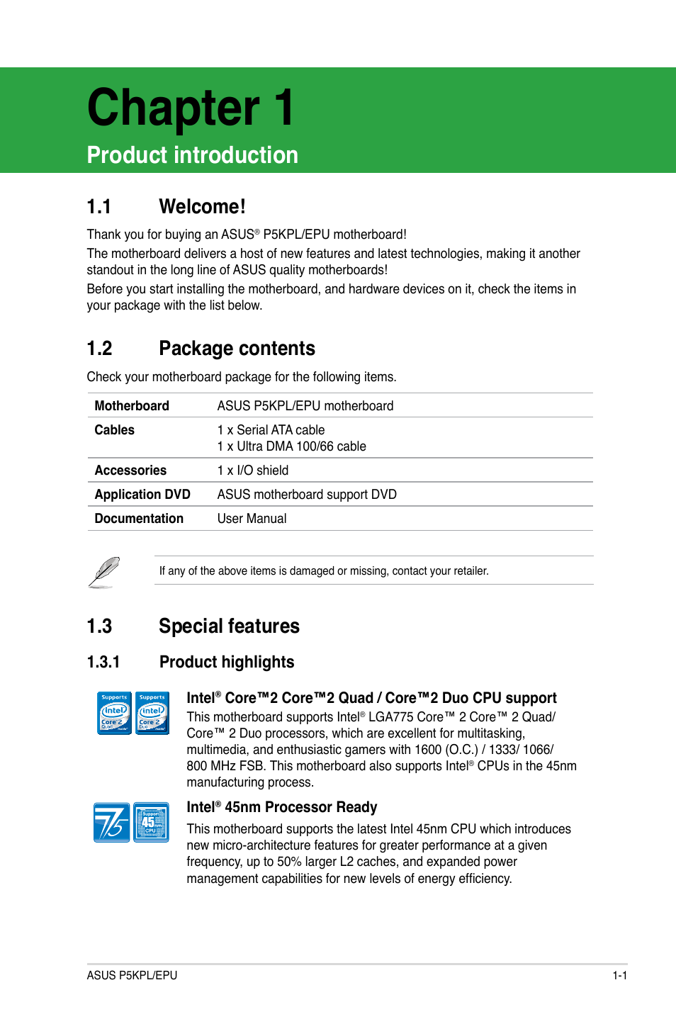 Chapter 1, Product introduction, 1 welcome | 2 package contents, 3 special features, 1 product highlights, Chapter 1: product introduction, Welcome! -1, Package contents -1, Special features -1 1.3.1 | Asus P5KPL/EPU User Manual | Page 11 / 62
