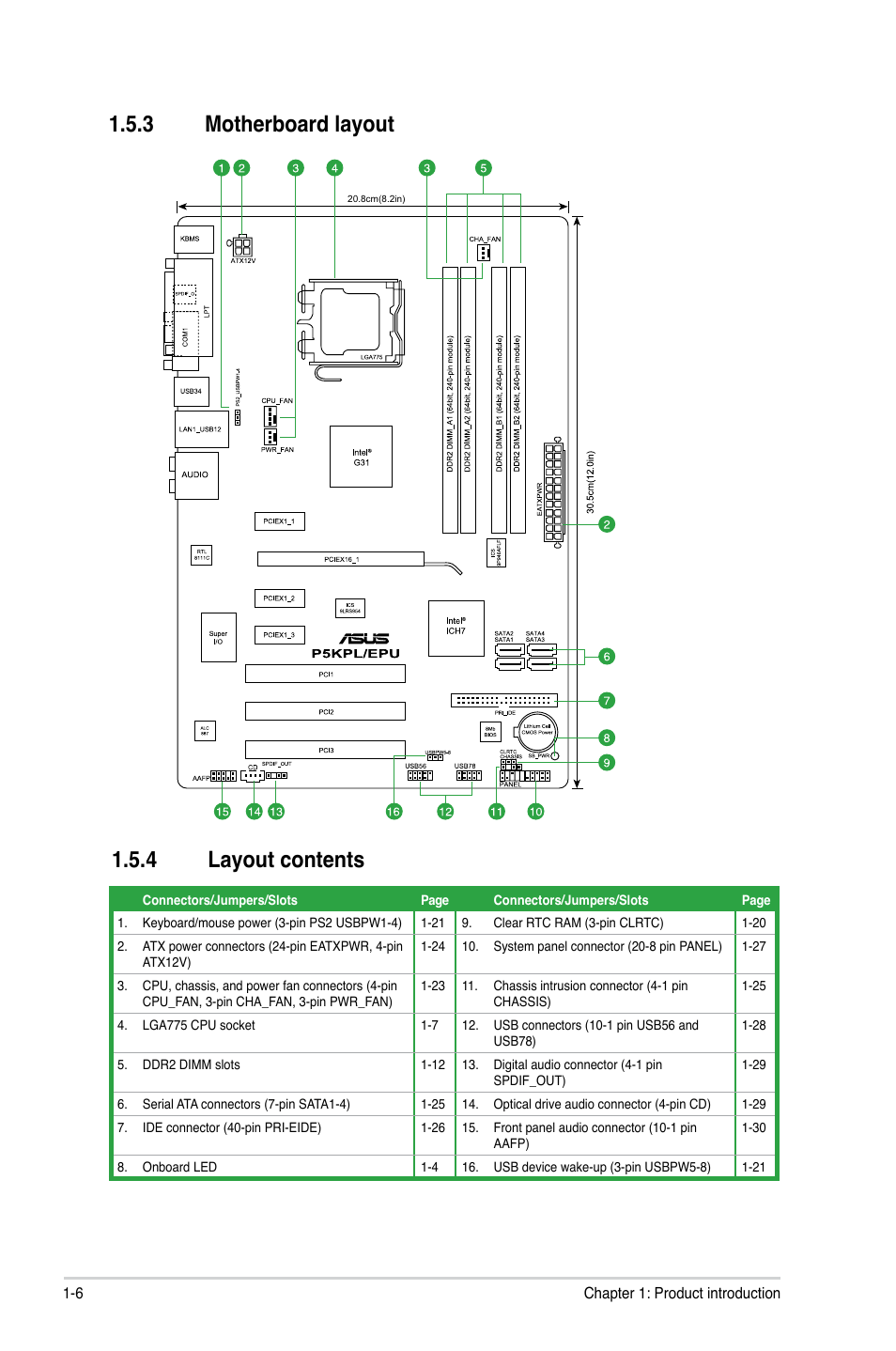 3 motherboard layout, 4 layout contents, Motherboard layout -6 | Layout contents -6 | Asus P5KPL/EPU User Manual | Page 16 / 62