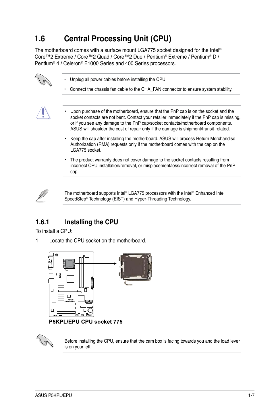 6 central processing unit (cpu), 1 installing the cpu, Central processing unit (cpu) -7 1.6.1 | Installing the cpu -7 | Asus P5KPL/EPU User Manual | Page 17 / 62