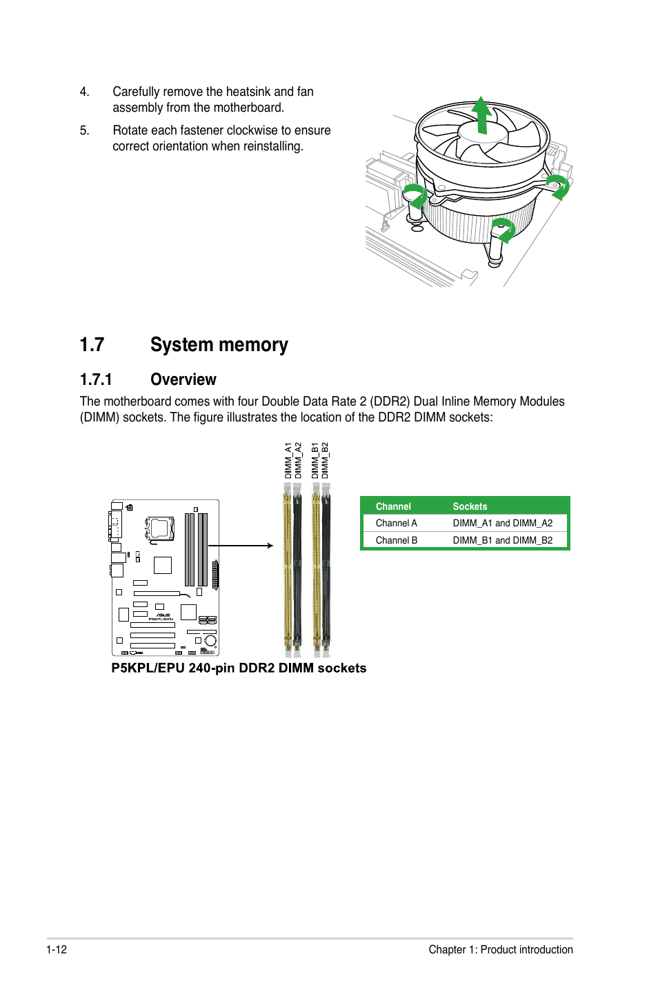 7 system memory, 1 overview, System memory -12 1.7.1 | Overview -12 | Asus P5KPL/EPU User Manual | Page 22 / 62