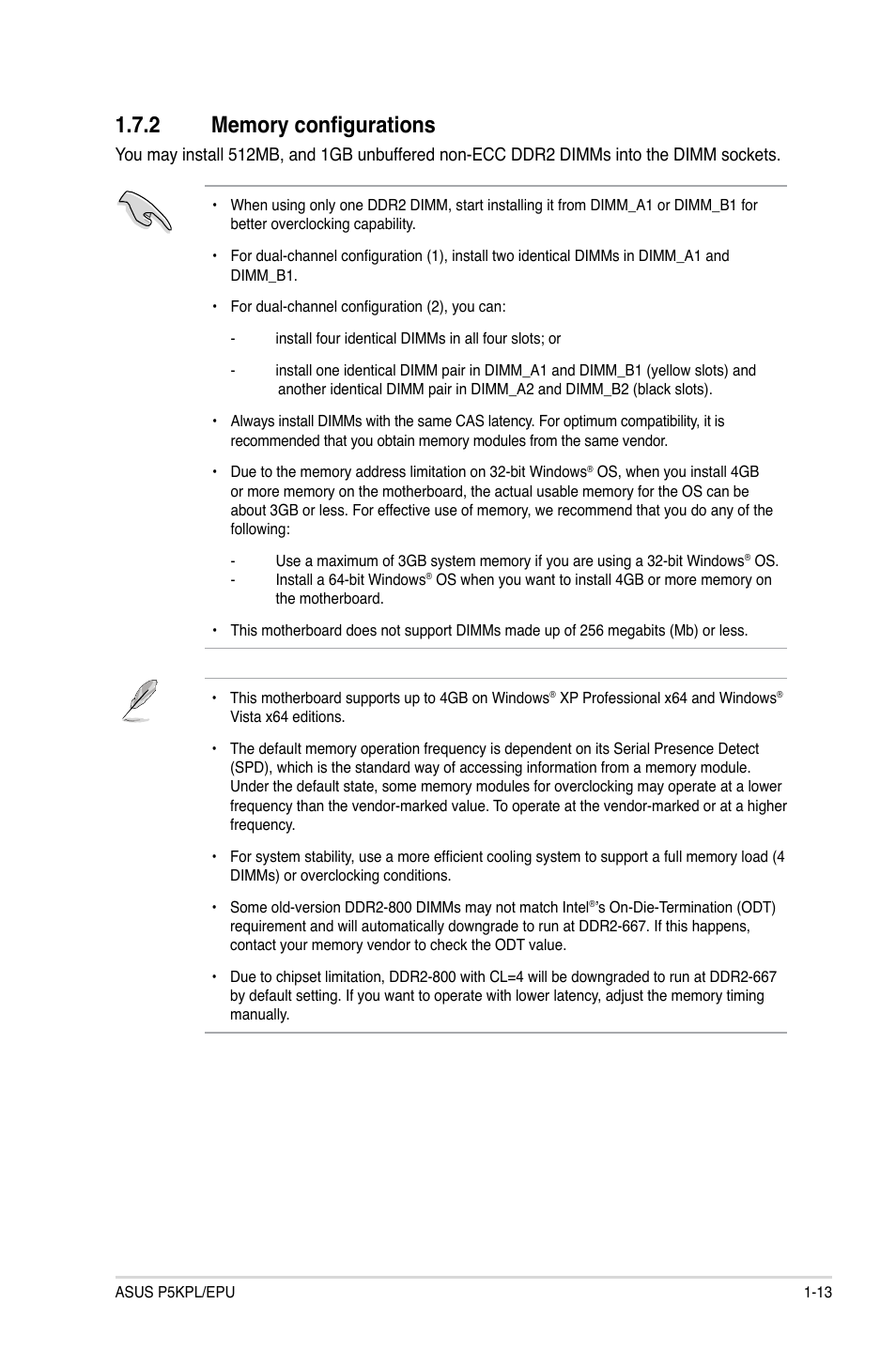 2 memory configurations, Memory configurations -13 | Asus P5KPL/EPU User Manual | Page 23 / 62