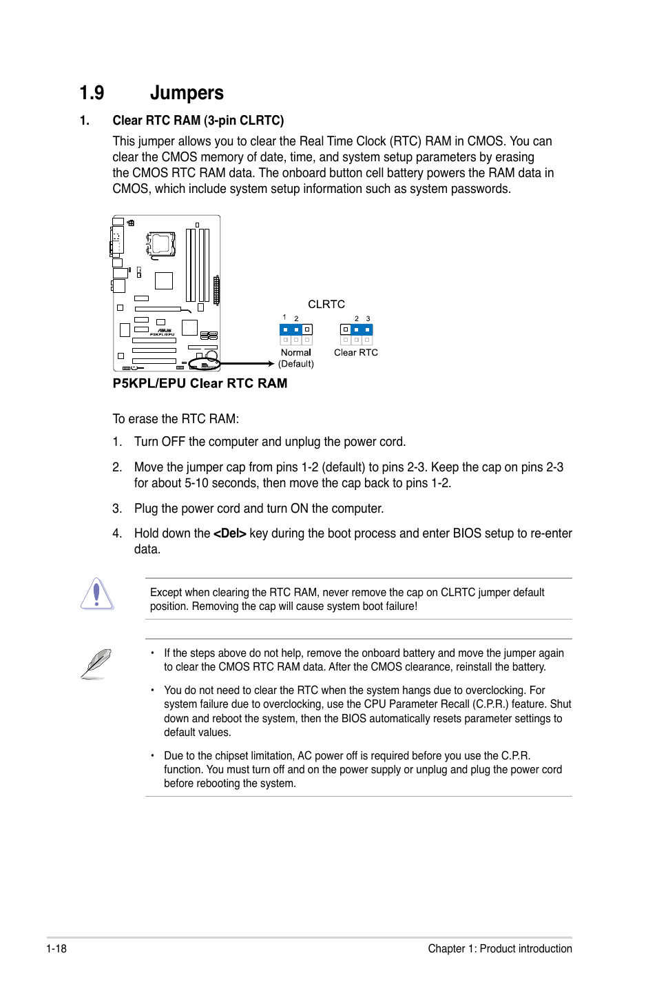 9 jumpers, Jumpers -18 | Asus P5KPL/EPU User Manual | Page 28 / 62