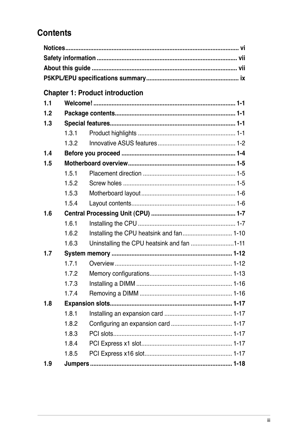 Asus P5KPL/EPU User Manual | Page 3 / 62