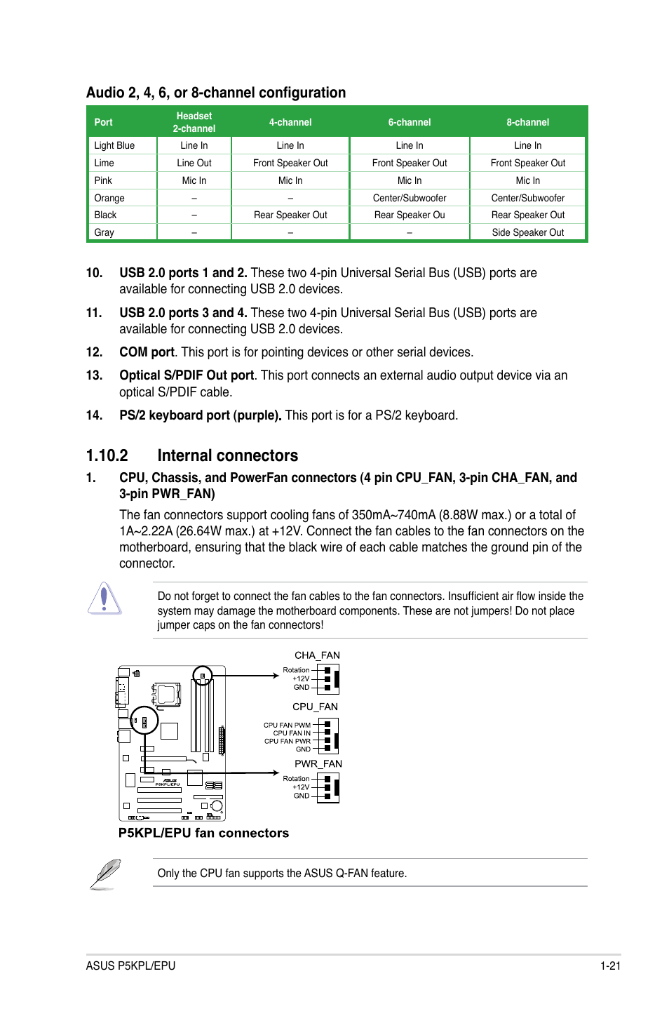 2 internal connectors, 2 internal connectors -21, Audio 2, 4, 6, or 8-channel configuration | Asus P5KPL/EPU User Manual | Page 31 / 62