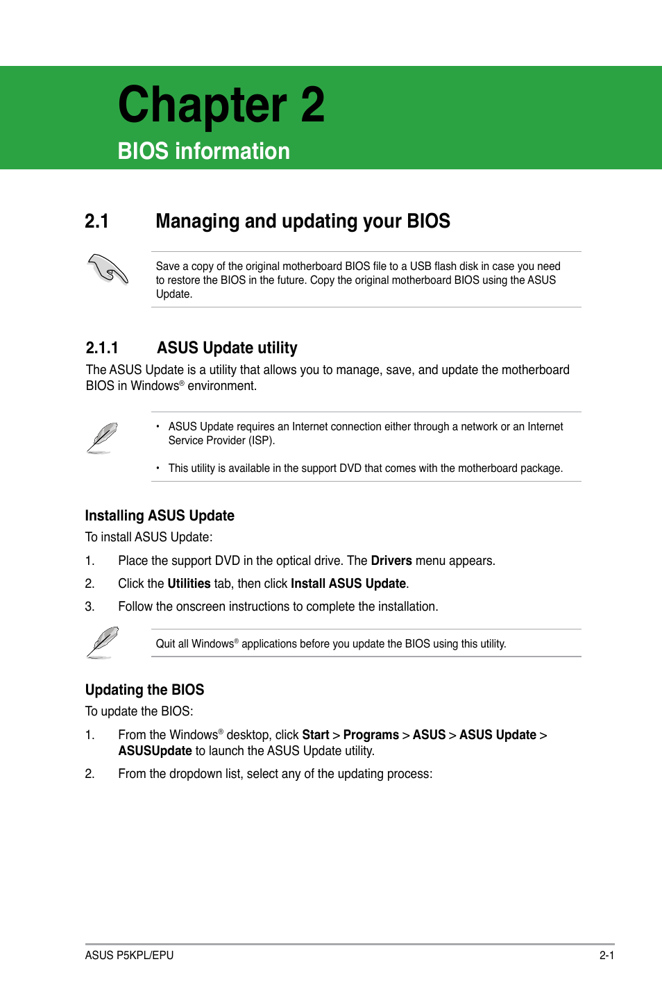 Chapter 2, Bios information, 1 managing and updating your bios | 1 asus update utility, Chapter 2: bios information, Managing and updating your bios -1 2.1.1, Asus update utility -1 | Asus P5KPL/EPU User Manual | Page 41 / 62