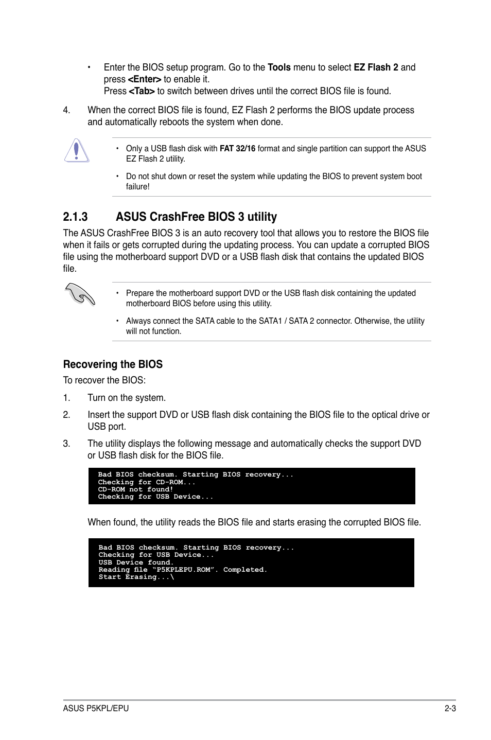 3 asus crashfree bios 3 utility, Asus crashfree bios 3 utility -3, Recovering the bios | Asus P5KPL/EPU User Manual | Page 43 / 62