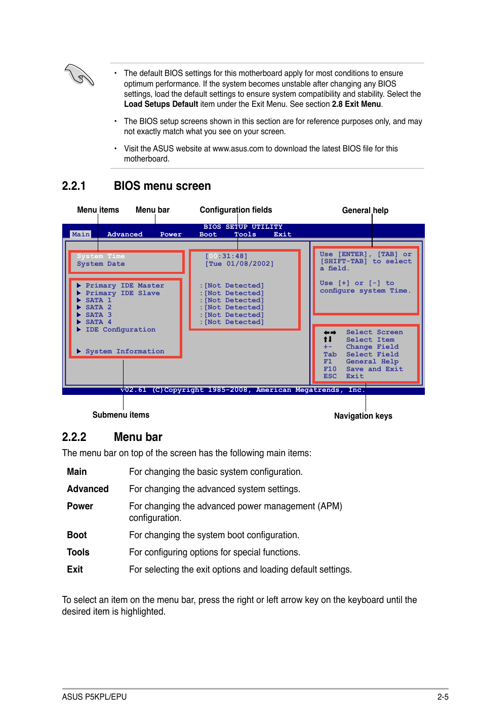 1 bios menu screen, 2 menu bar, Bios menu screen -5 | Menu bar -5 | Asus P5KPL/EPU User Manual | Page 45 / 62