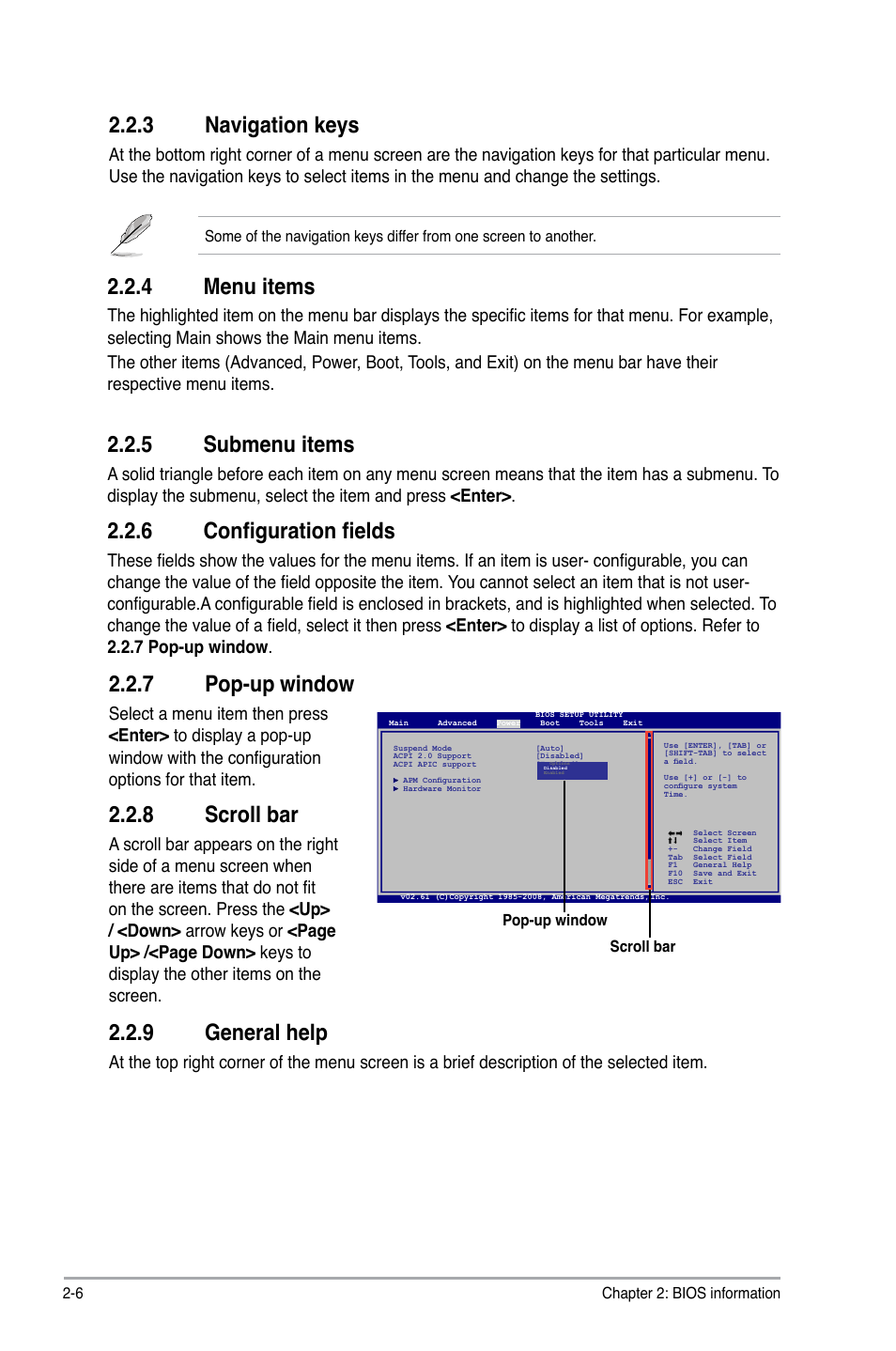 3 navigation keys, 4 menu items, 5 submenu items | 6 configuration fields, 7 pop-up window, 8 scroll bar, 9 general help, Navigation keys -6, Menu items -6, Submenu items -6 | Asus P5KPL/EPU User Manual | Page 46 / 62