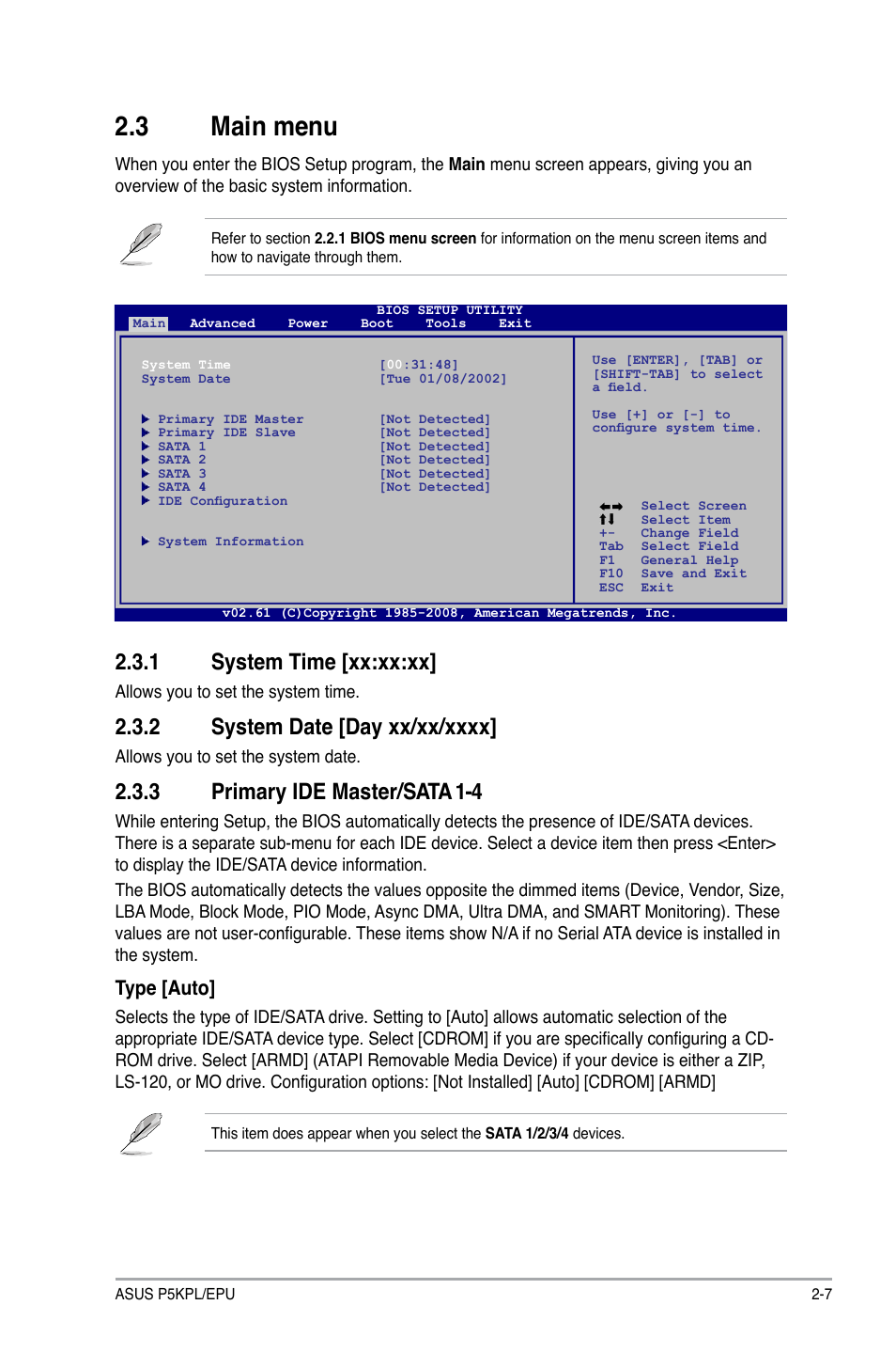 3 main menu, 1 system time [xx:xx:xx, 2 system date [day xx/xx/xxxx | 3 primary ide master/sata 1-4, Main menu -7 2.3.1, System time -7, System date -7, Primary ide master/sata 1-4 -7, Type [auto | Asus P5KPL/EPU User Manual | Page 47 / 62
