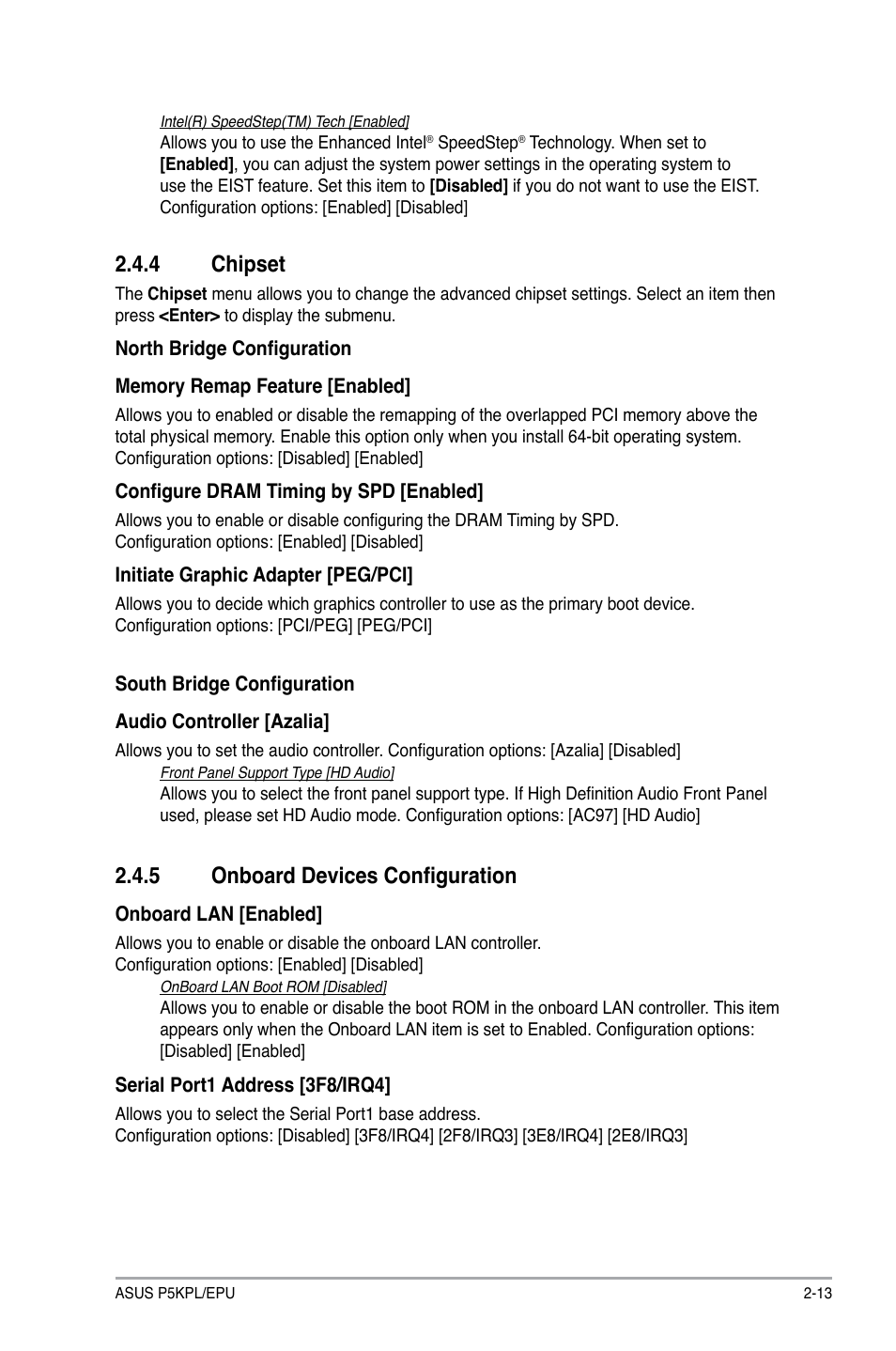 4 chipset, 5 onboard devices configuration, Chipset -13 | Onboard devices configuration -13 | Asus P5KPL/EPU User Manual | Page 53 / 62