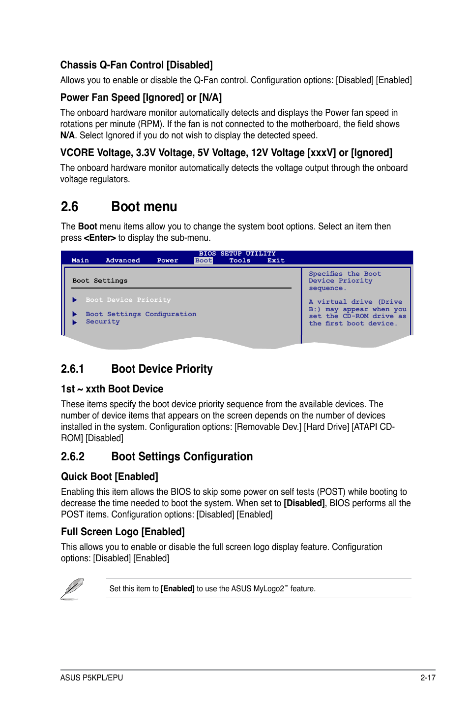 6 boot menu, 1 boot device priority, 2 boot settings configuration | Boot menu -17 2.6.1, Boot device priority -17, Boot settings configuration -17 | Asus P5KPL/EPU User Manual | Page 57 / 62