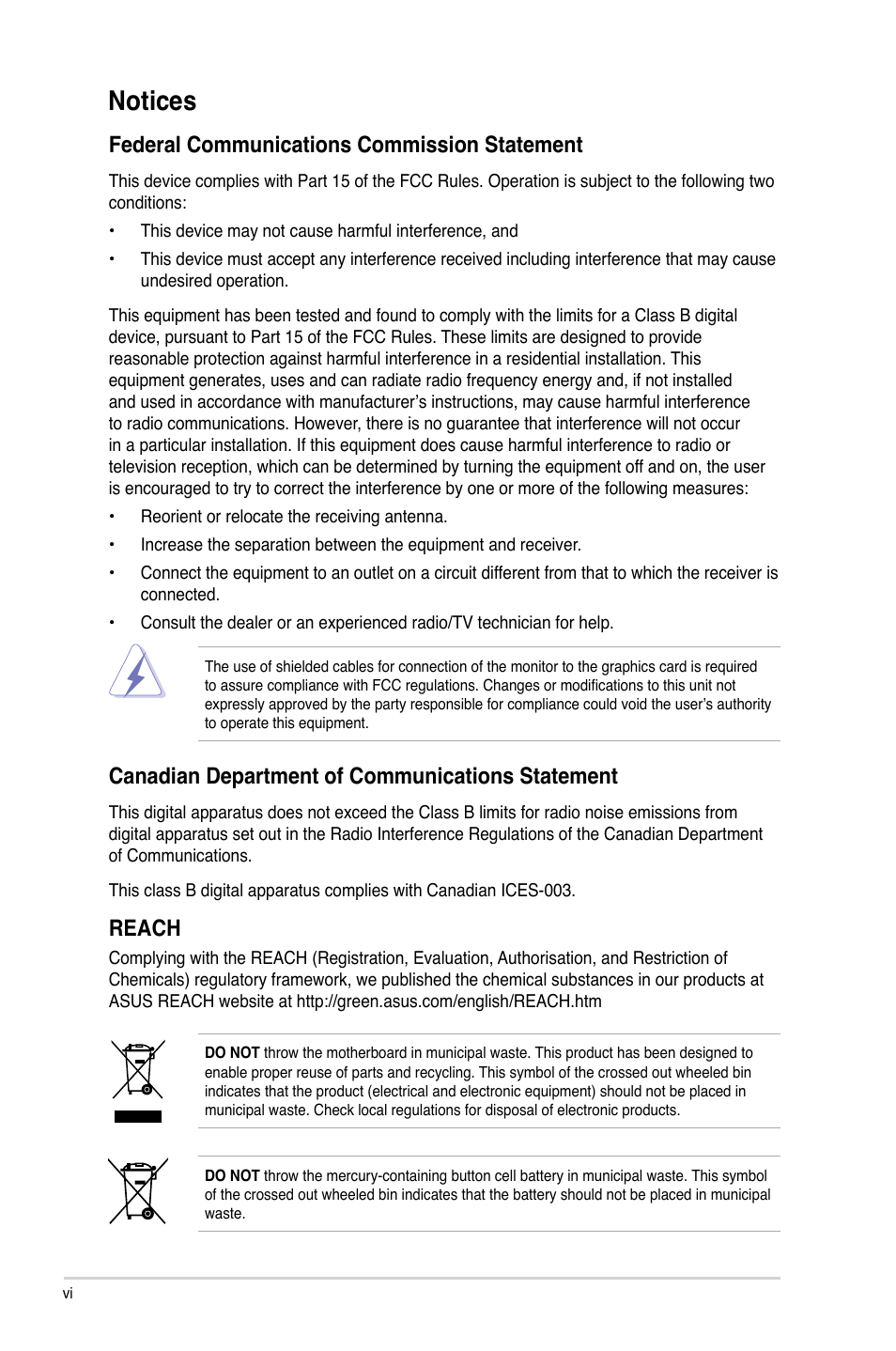 Notices, Federal communications commission statement, Canadian department of communications statement | Reach | Asus P5KPL/EPU User Manual | Page 6 / 62