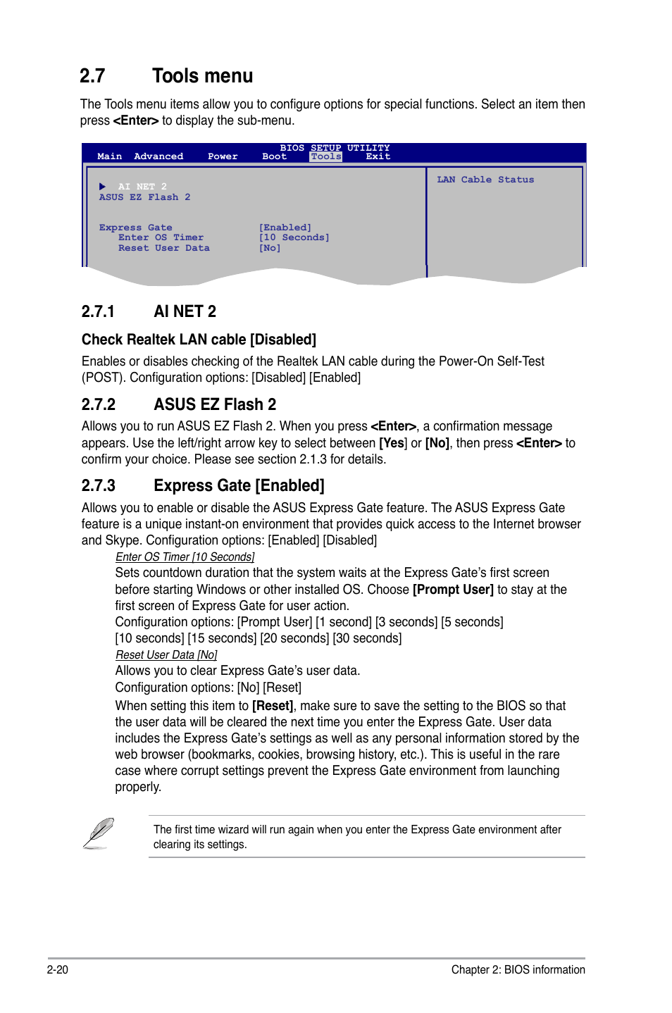7 tools menu, 1 ai net 2, 2 asus ez flash 2 | 3 express gate [enabled, Tools menu -20 2.7.1, Ai net 2 -20, Asus ez flash 2 -20, Express gate -20 | Asus P5KPL/EPU User Manual | Page 60 / 62
