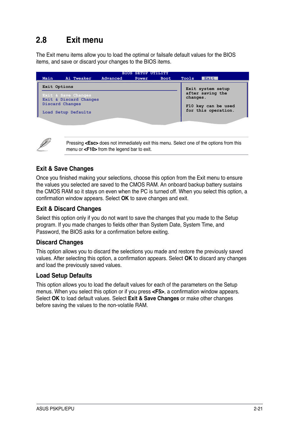 8 exit menu, Exit menu -21, Exit & save changes | Exit & discard changes, Discard changes, Load setup defaults | Asus P5KPL/EPU User Manual | Page 61 / 62