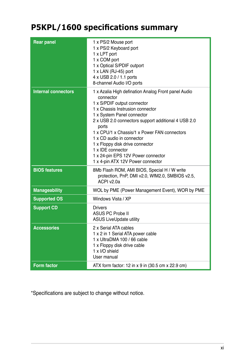 Asus P5KPL/1600 User Manual | Page 11 / 96