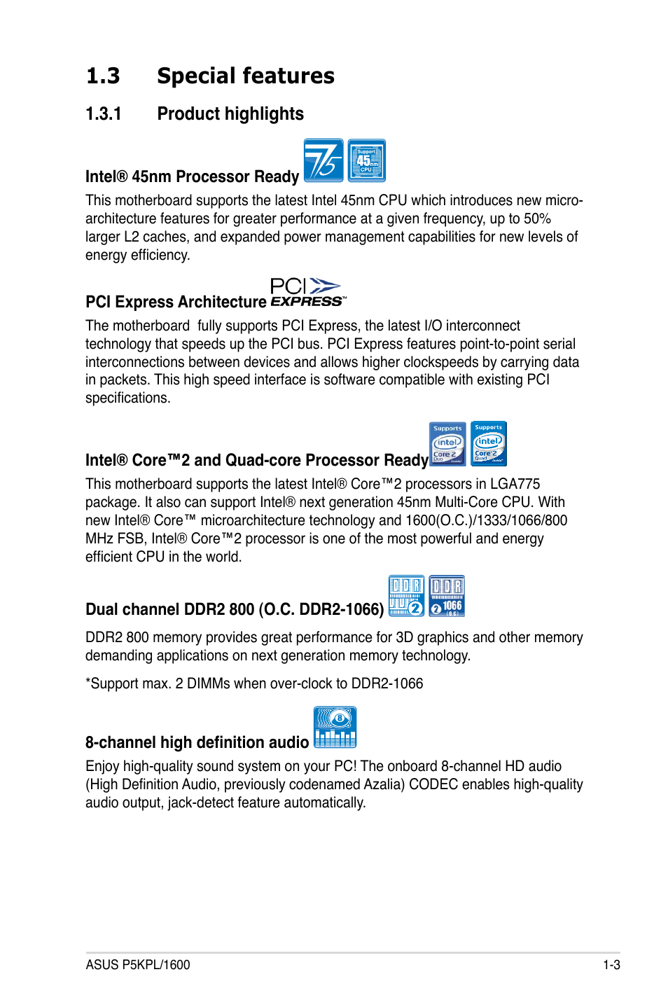 3 special features, 1 product highlights | Asus P5KPL/1600 User Manual | Page 15 / 96