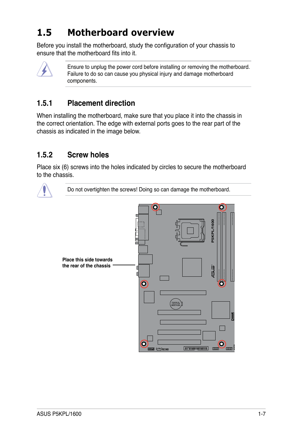 5 motherboard overview, 1 placement direction, 2 screw holes | Asus P5KPL/1600 User Manual | Page 19 / 96