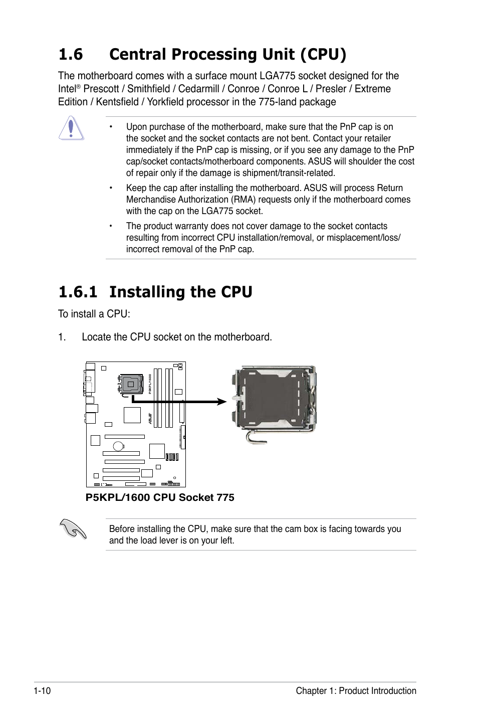 6 central processing unit (cpu), 1 installing the cpu | Asus P5KPL/1600 User Manual | Page 22 / 96