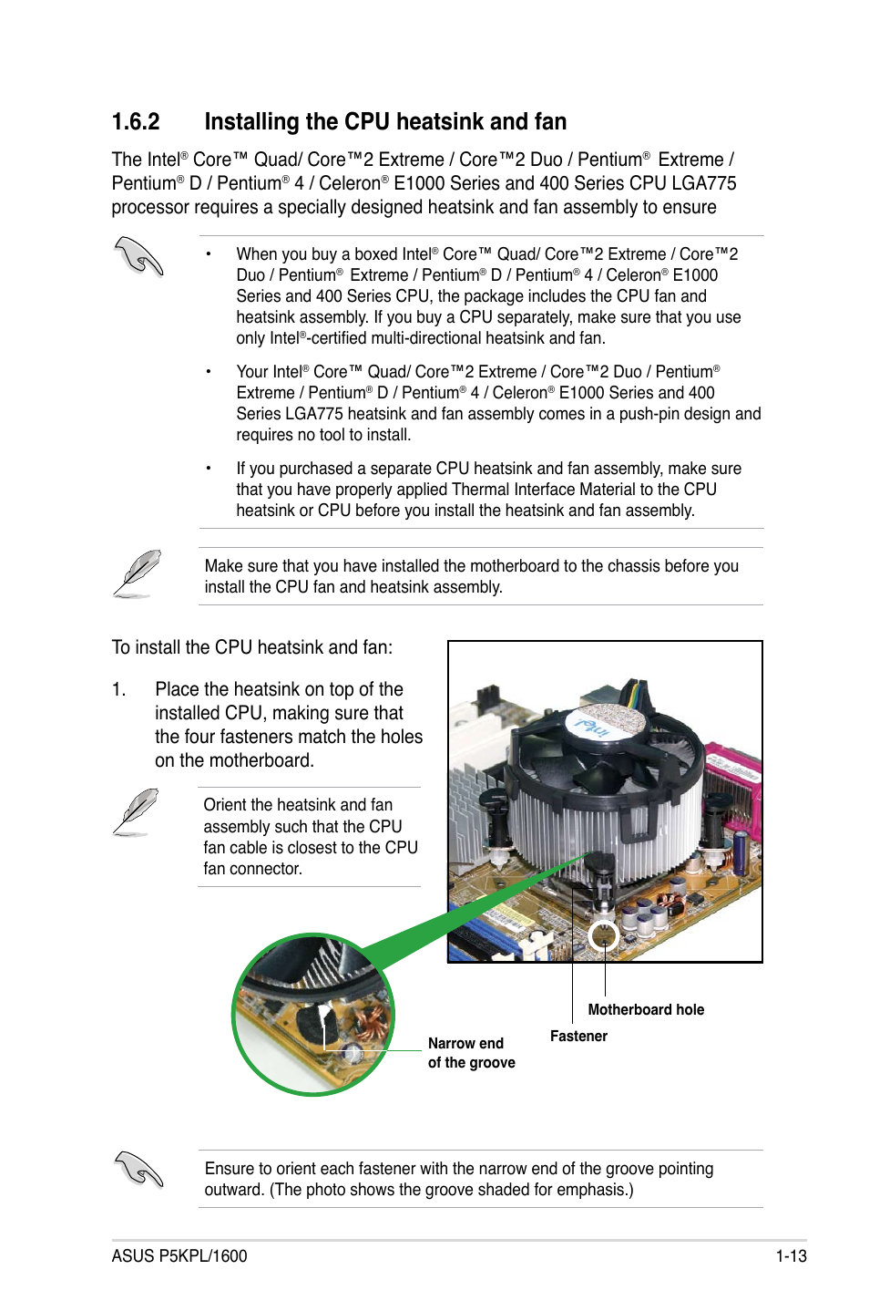 2 installing the cpu heatsink and fan | Asus P5KPL/1600 User Manual | Page 25 / 96
