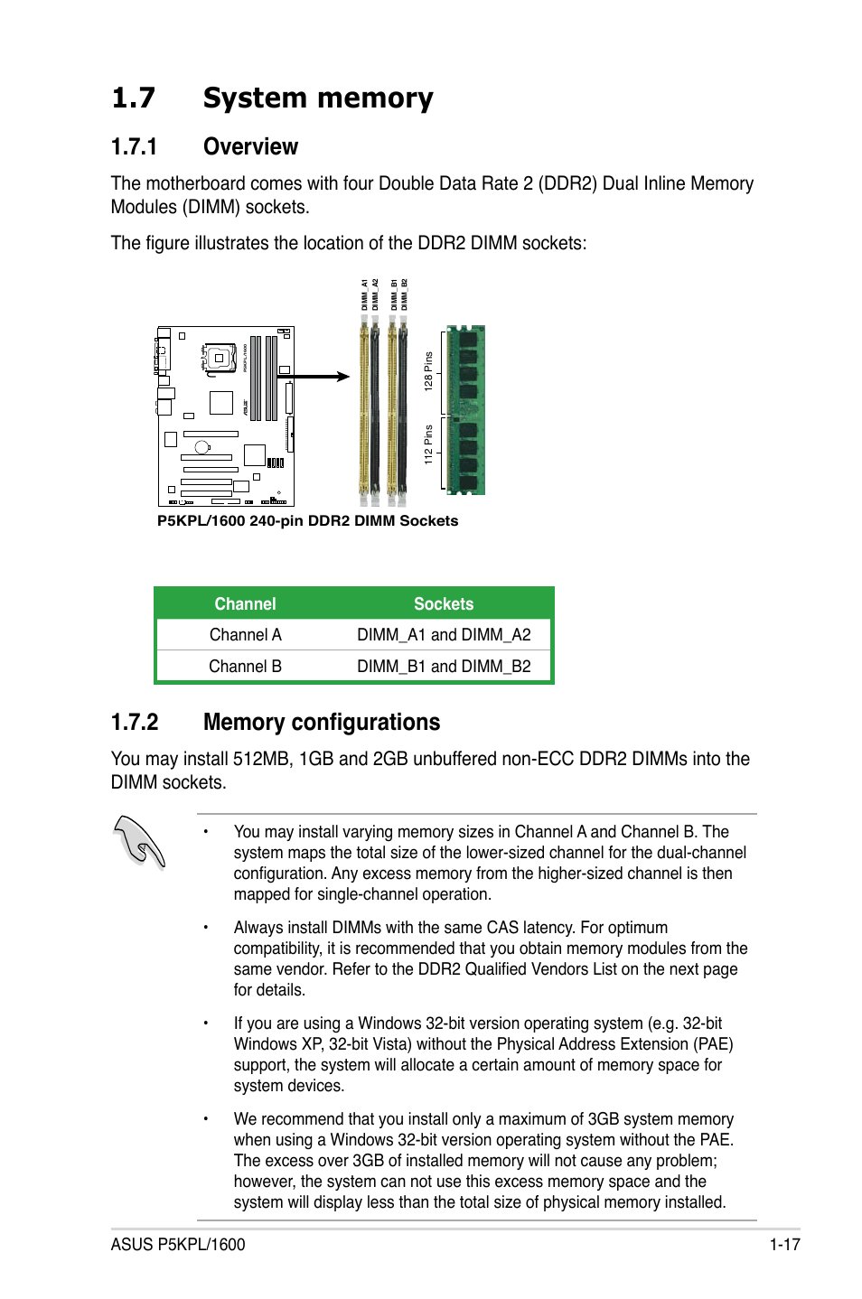 7 system memory, 1 overview, 2 memory configurations | Asus P5KPL/1600 User Manual | Page 29 / 96