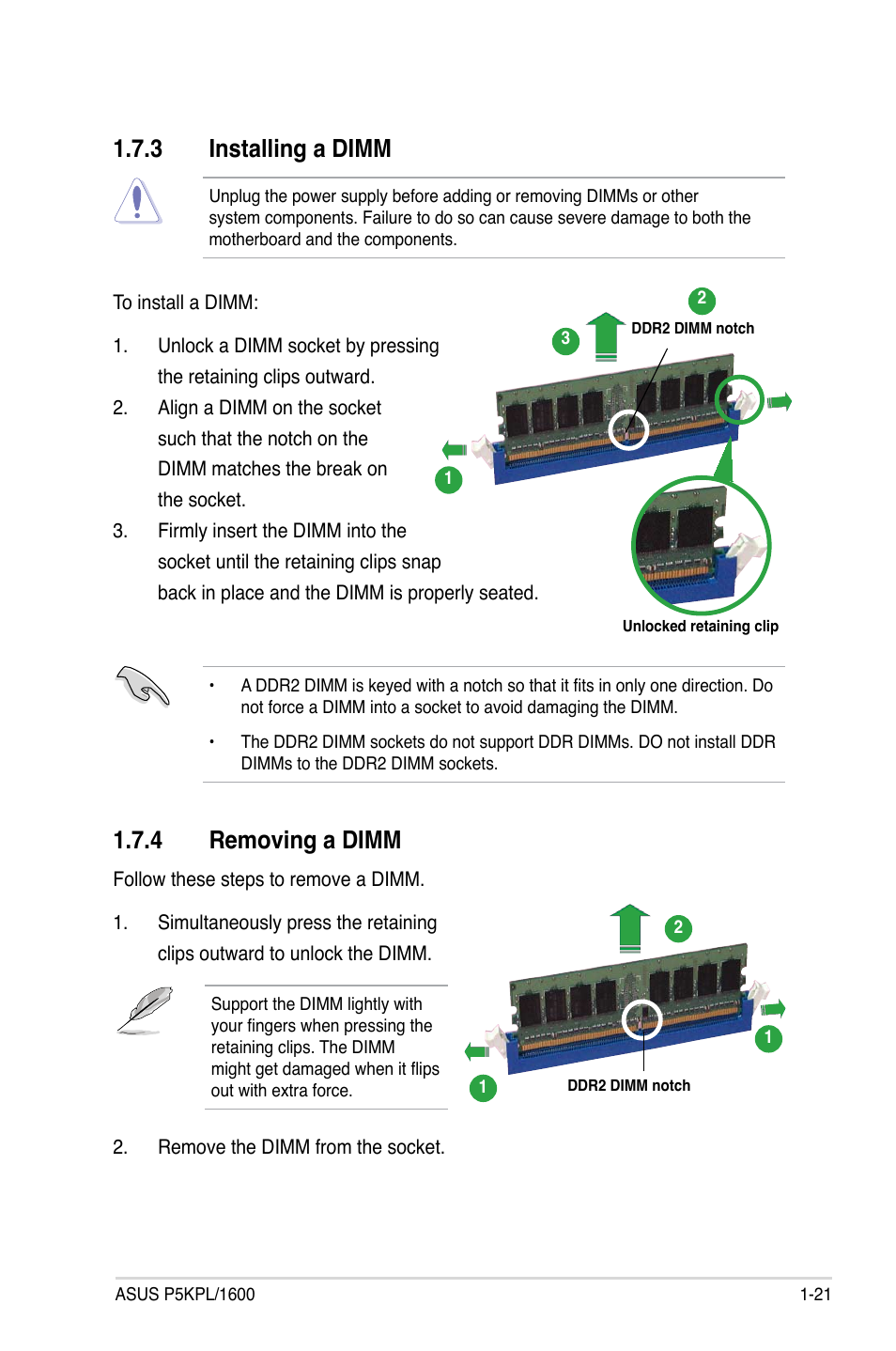 3 installing a dimm, 4 removing a dimm, 3 installing a dimm 1.7.4 removing a dimm | Asus P5KPL/1600 User Manual | Page 33 / 96
