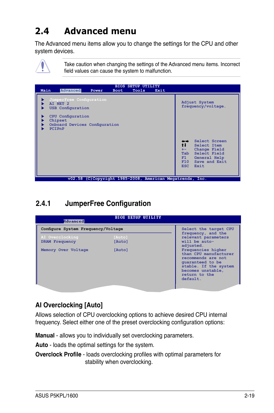4 advanced menu, 1 jumperfree configuration, Ai overclocking [auto | Asus P5KPL/1600 User Manual | Page 65 / 96