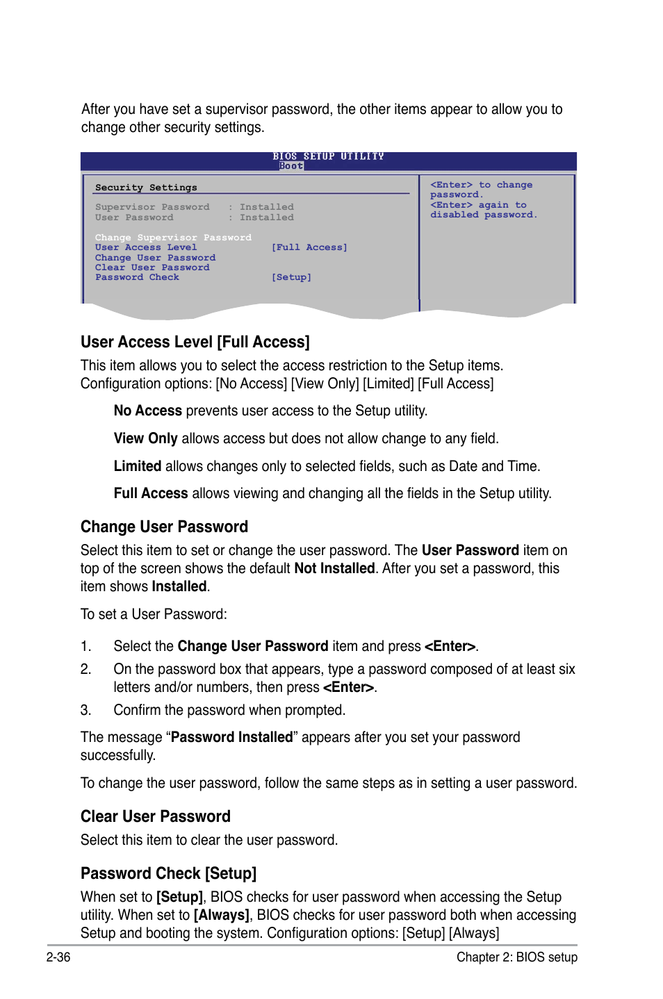 User access level [full access, Change user password, Clear user password | Password check [setup | Asus P5KPL/1600 User Manual | Page 82 / 96