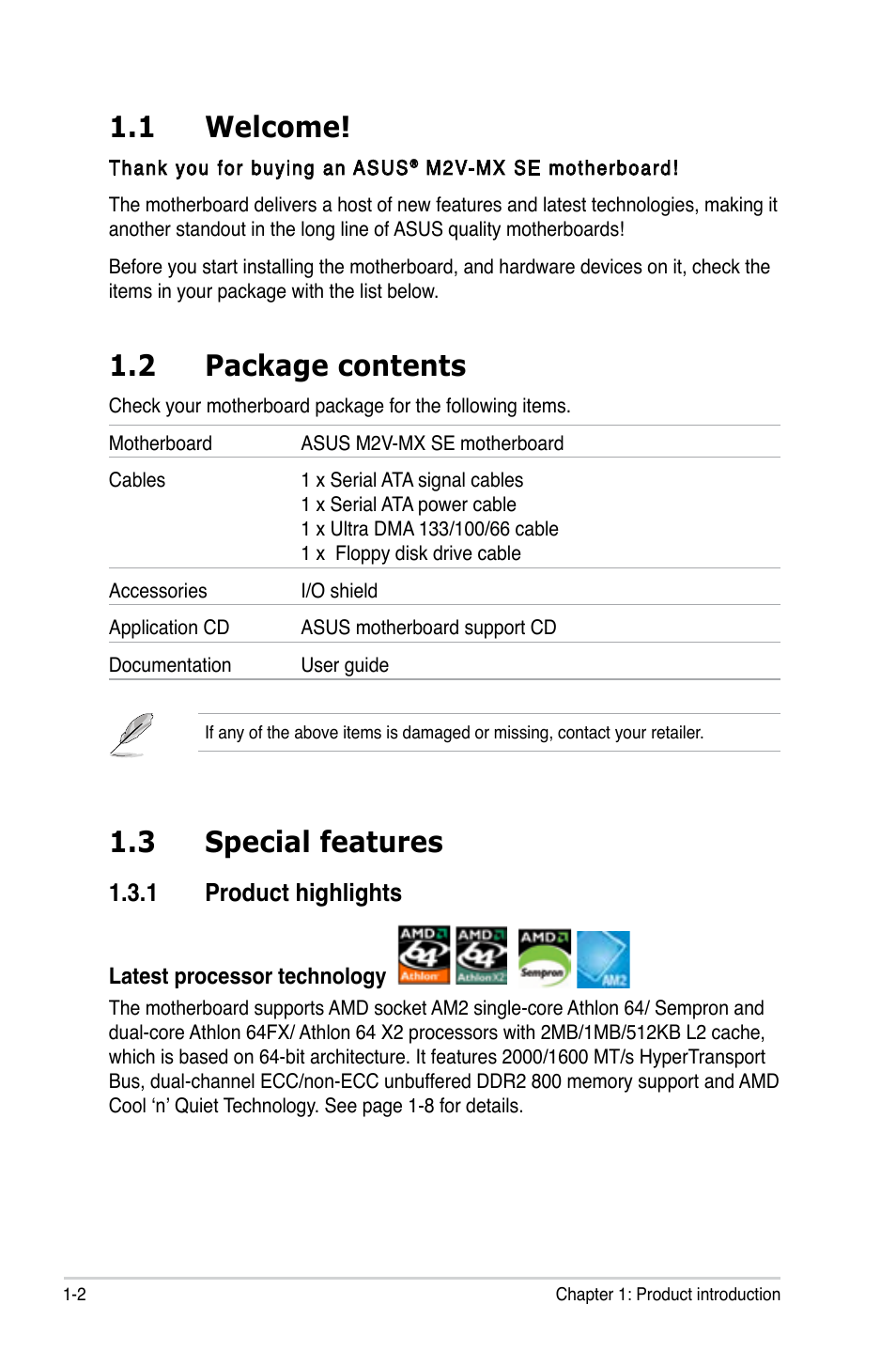 1 welcome, 2 package contents, 3 special features | Asus M2V-MX SE User Manual | Page 12 / 90