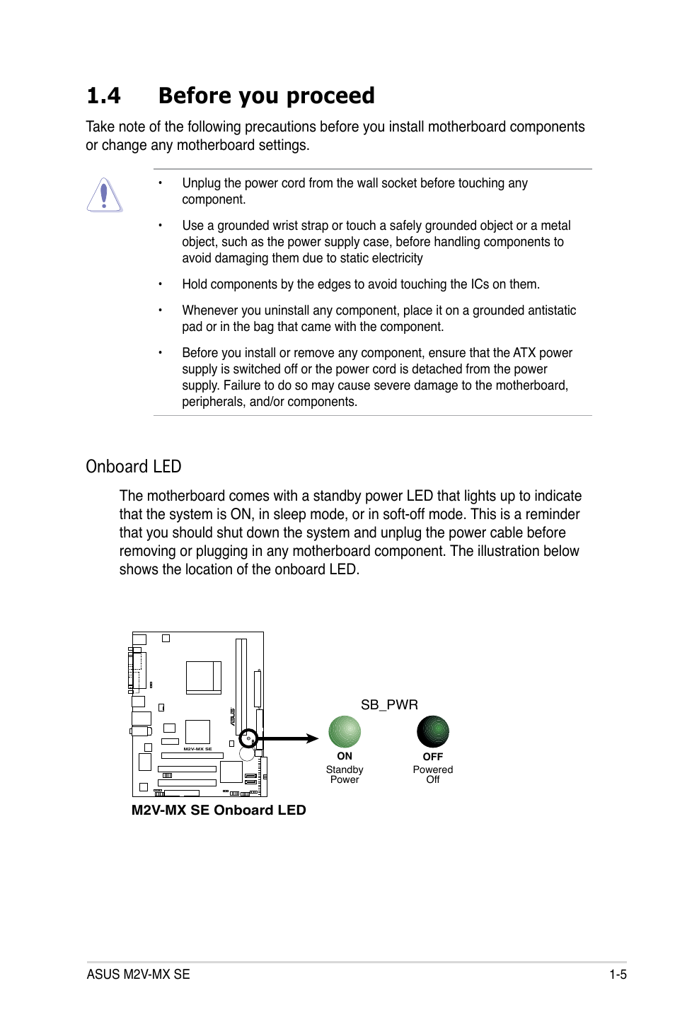 4 before you proceed, Onboard led | Asus M2V-MX SE User Manual | Page 15 / 90