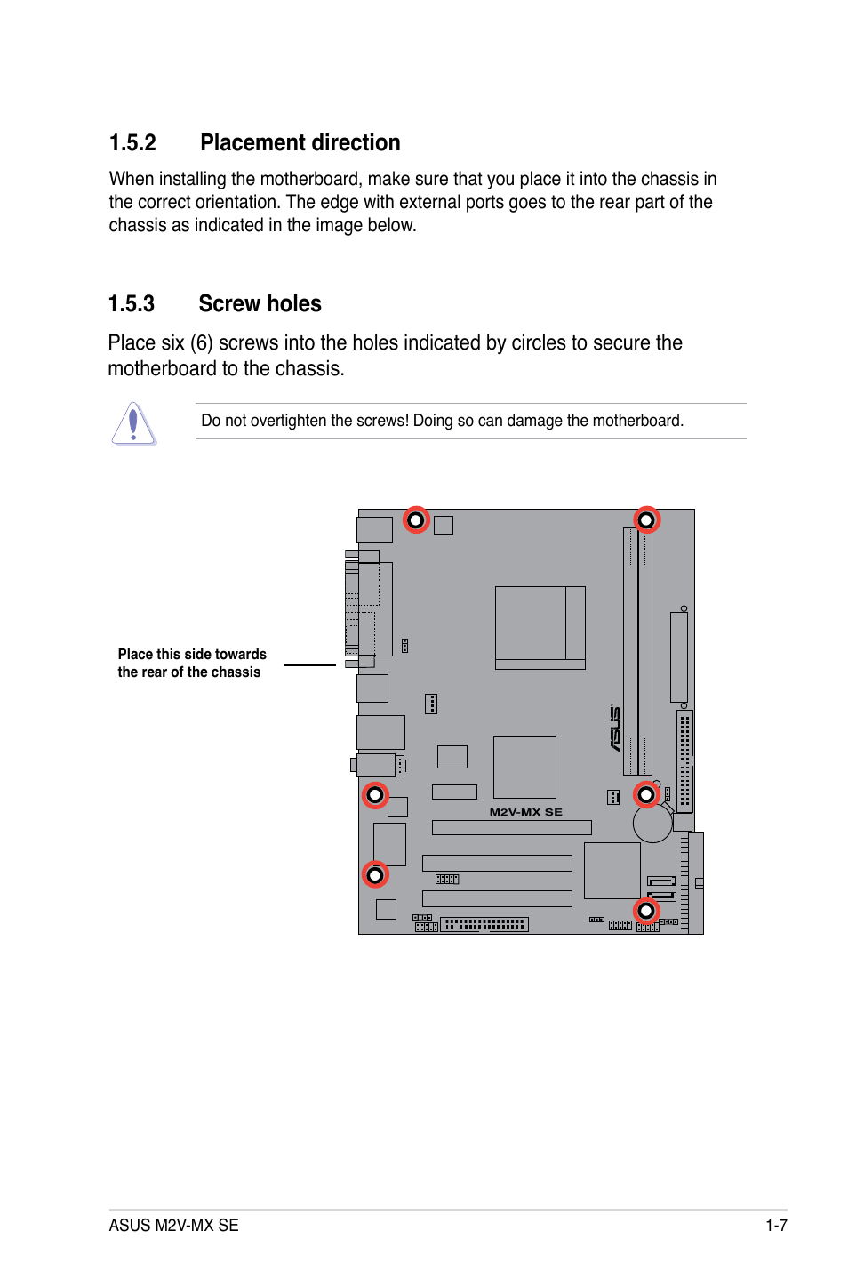 Placement.direction, Screw.holes | Asus M2V-MX SE User Manual | Page 17 / 90