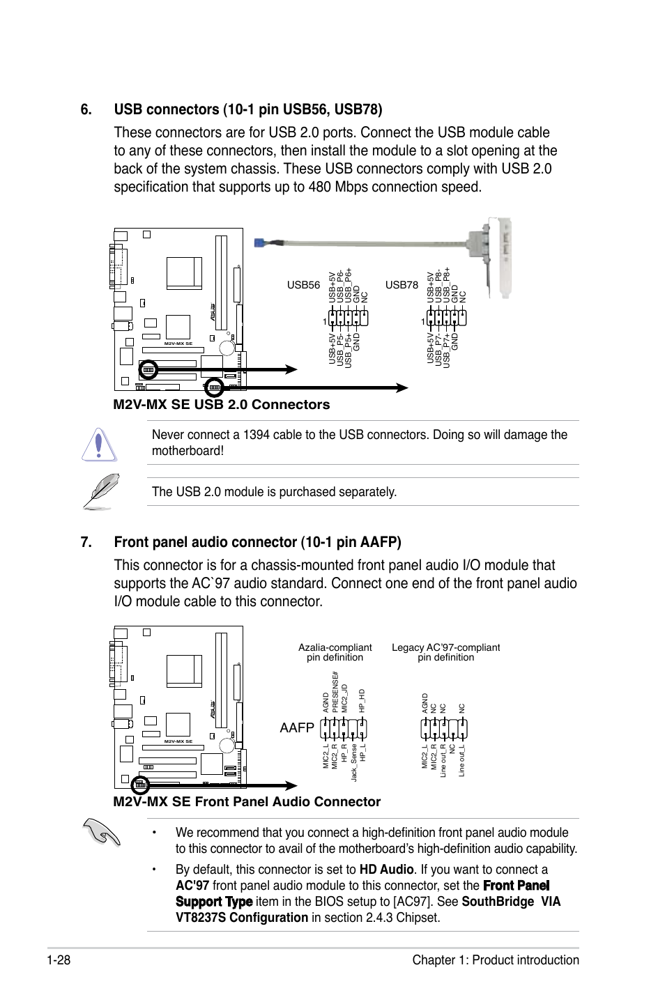 The usb 2.0 module is purchased separately, M2v-mx.se.front panel audio connector, Aafp | Asus M2V-MX SE User Manual | Page 38 / 90