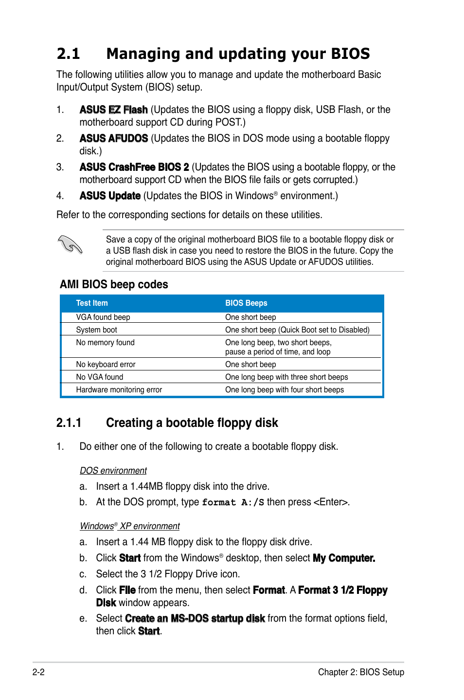 1 managing and updating your bios, 1 creating a bootable floppy disk, Ami.bios.beep.codes | Asus M2V-MX SE User Manual | Page 44 / 90