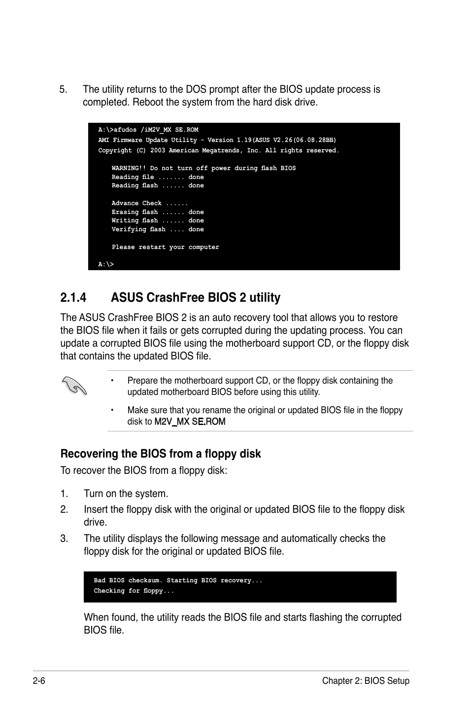 4 asus crashfree bios 2 utility, Recovering the bios from a floppy disk | Asus M2V-MX SE User Manual | Page 48 / 90