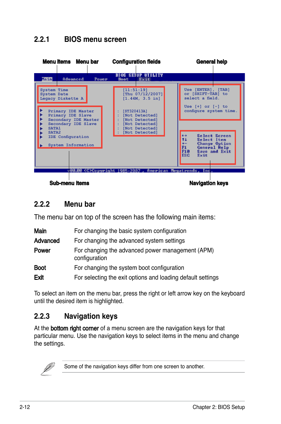 2 menu bar, Bios menu screen, Navigation.keys | Asus M2V-MX SE User Manual | Page 54 / 90