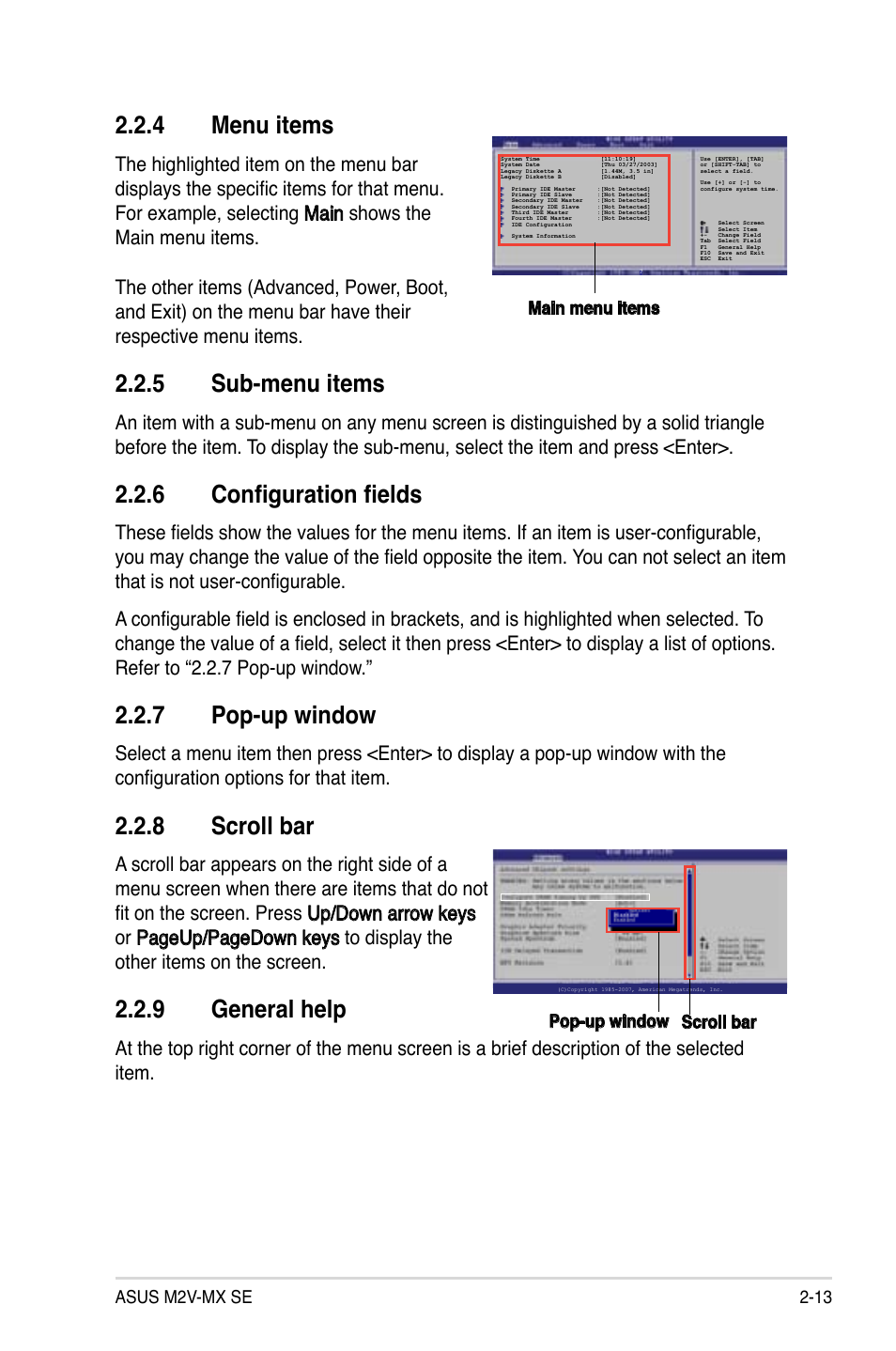 4 menu items, 5 sub-menu items, 6 configuration fields | 7 pop-up window, Scroll.bar, General.help | Asus M2V-MX SE User Manual | Page 55 / 90