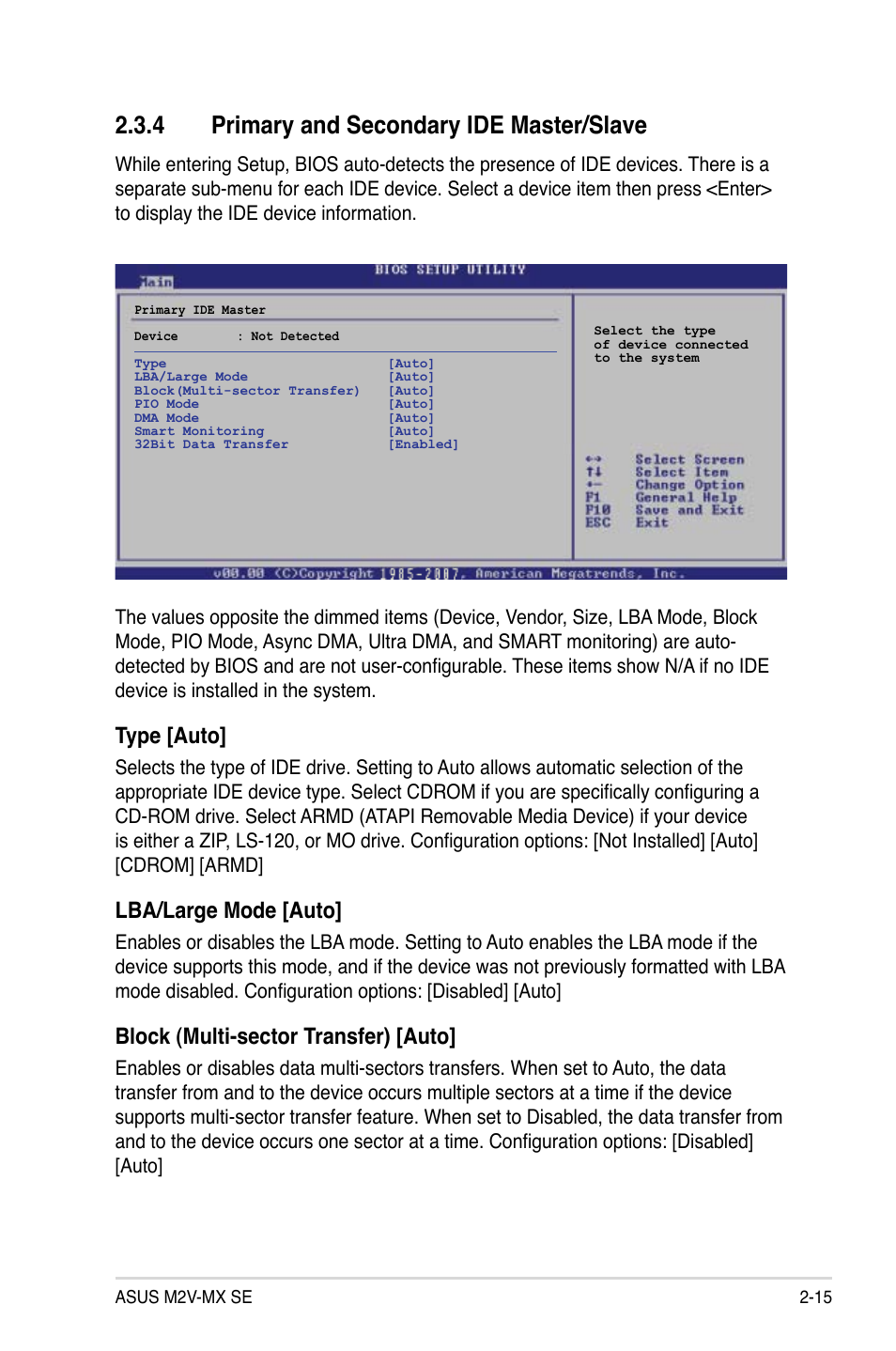 Primary and secondary ide master/slave, Type [auto, Lba/large mode [auto | Block (multi-sector transfer) [auto | Asus M2V-MX SE User Manual | Page 57 / 90