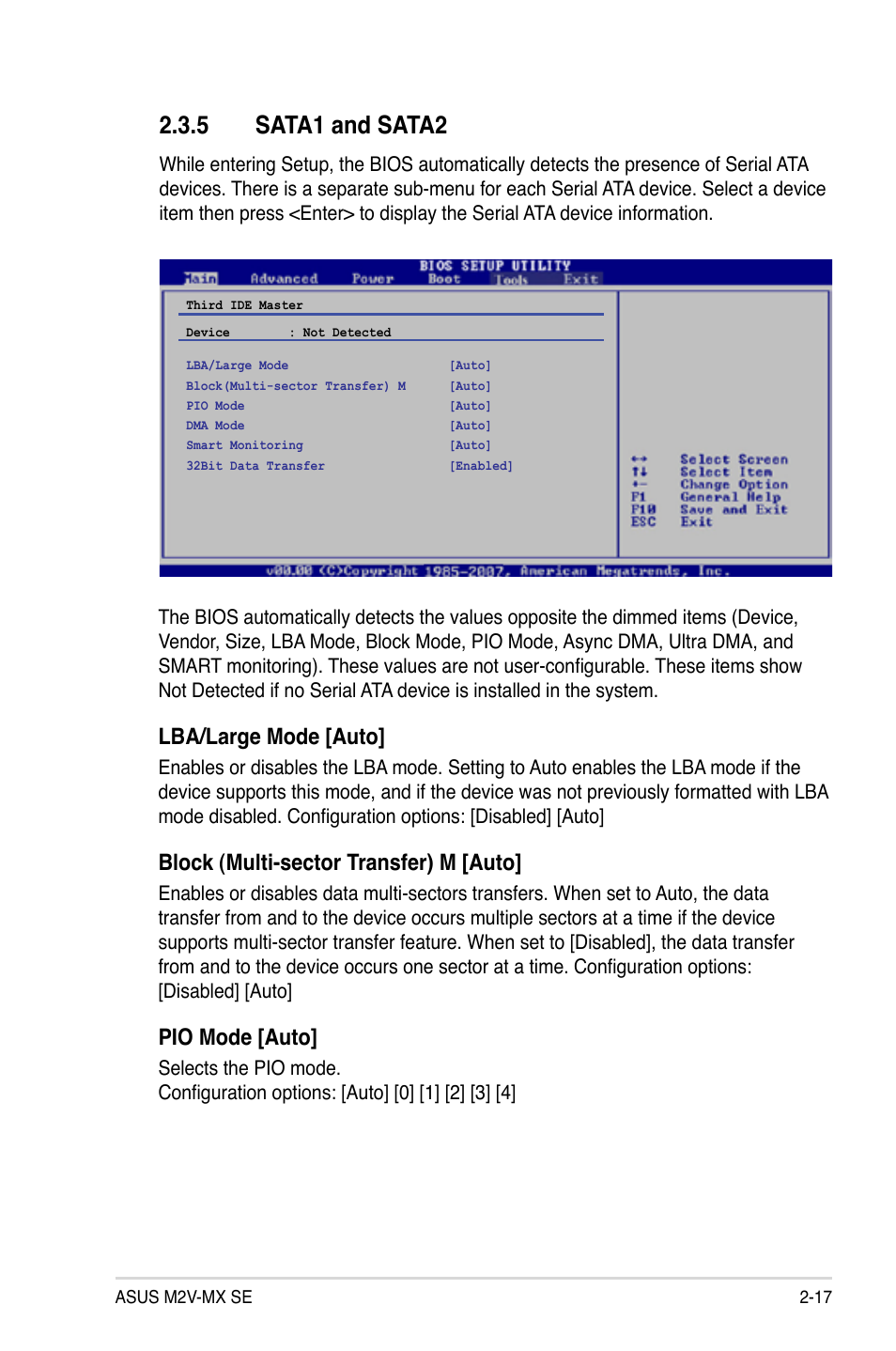 5 sata1 and sata2, Lba/large mode [auto, Block (multi-sector transfer) m [auto | Pio mode [auto | Asus M2V-MX SE User Manual | Page 59 / 90