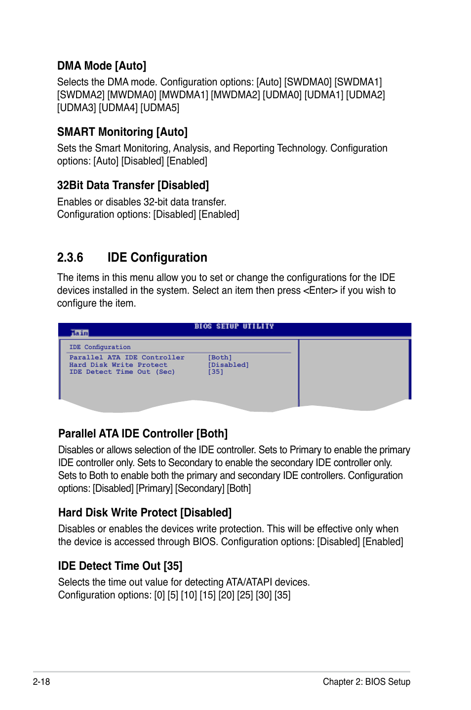 Ide configuration, Parallel ata ide controller [both, Hard disk write protect [disabled | Ide detect time out [35, Dma mode [auto, Smart monitoring [auto, 32bit data transfer [disabled | Asus M2V-MX SE User Manual | Page 60 / 90