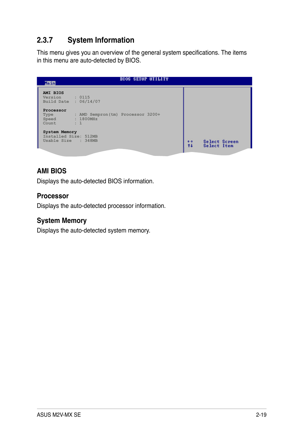 System.information, Ami.bios, Processor | Asus M2V-MX SE User Manual | Page 61 / 90