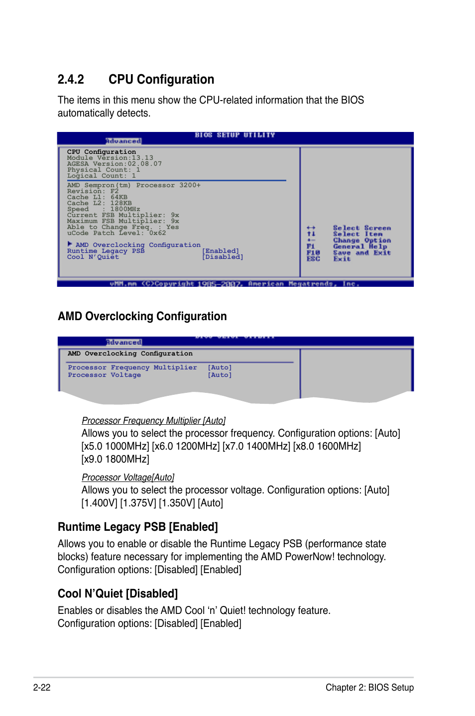 2 cpu configuration, Amd overclocking configuration, Runtime legacy psb [enabled | Cool n’quiet [disabled | Asus M2V-MX SE User Manual | Page 64 / 90