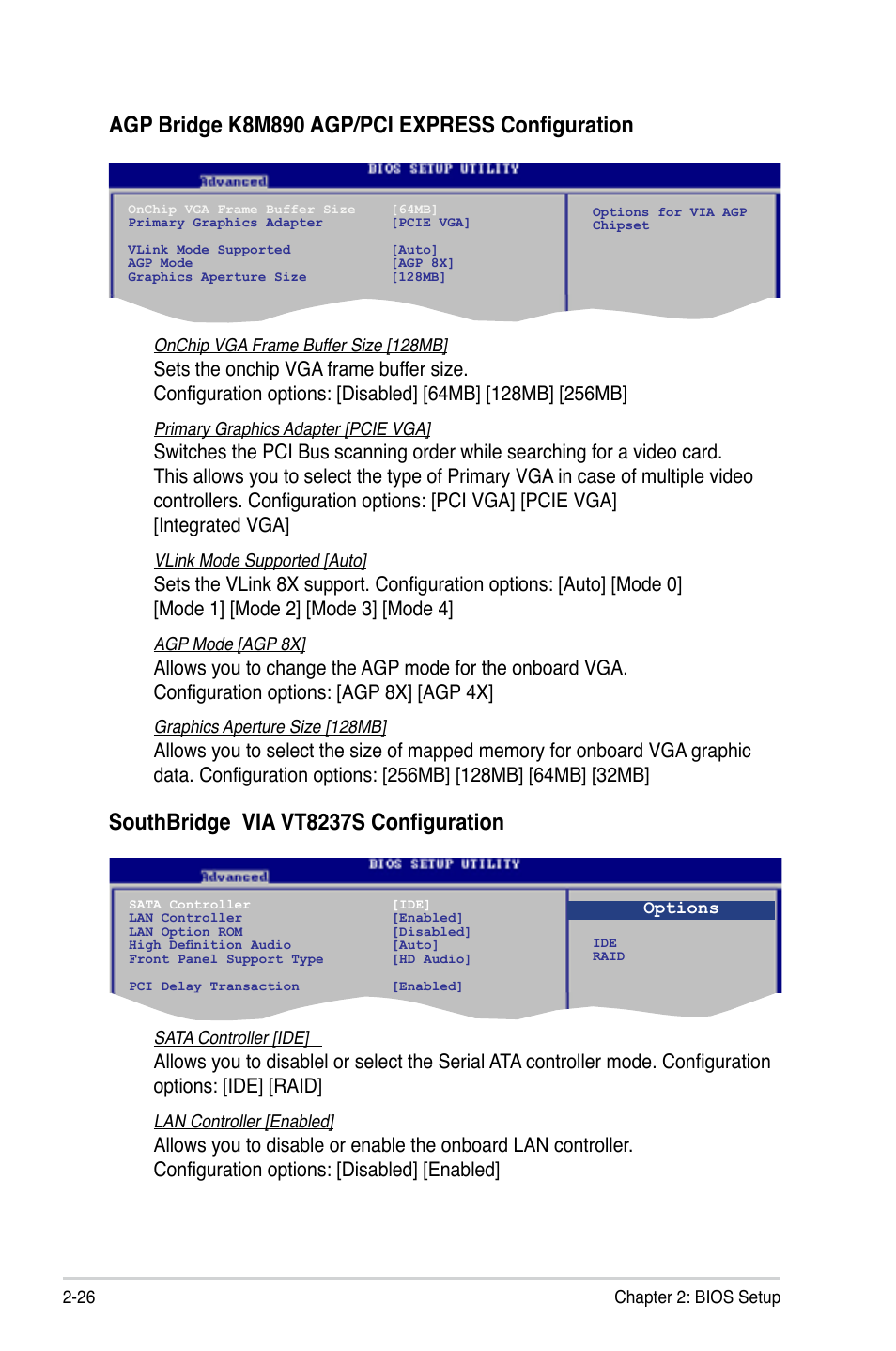 Agp bridge k8m890 agp/pci express configuration, Southbridge via vt8237s configuration | Asus M2V-MX SE User Manual | Page 68 / 90
