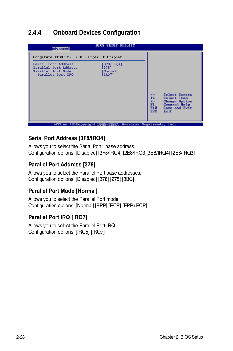 4 onboard devices configuration, Serial port address [3f8/irq4, Parallel port address [378 | Parallel port mode [normal, Parallel port irq [irq7 | Asus M2V-MX SE User Manual | Page 70 / 90