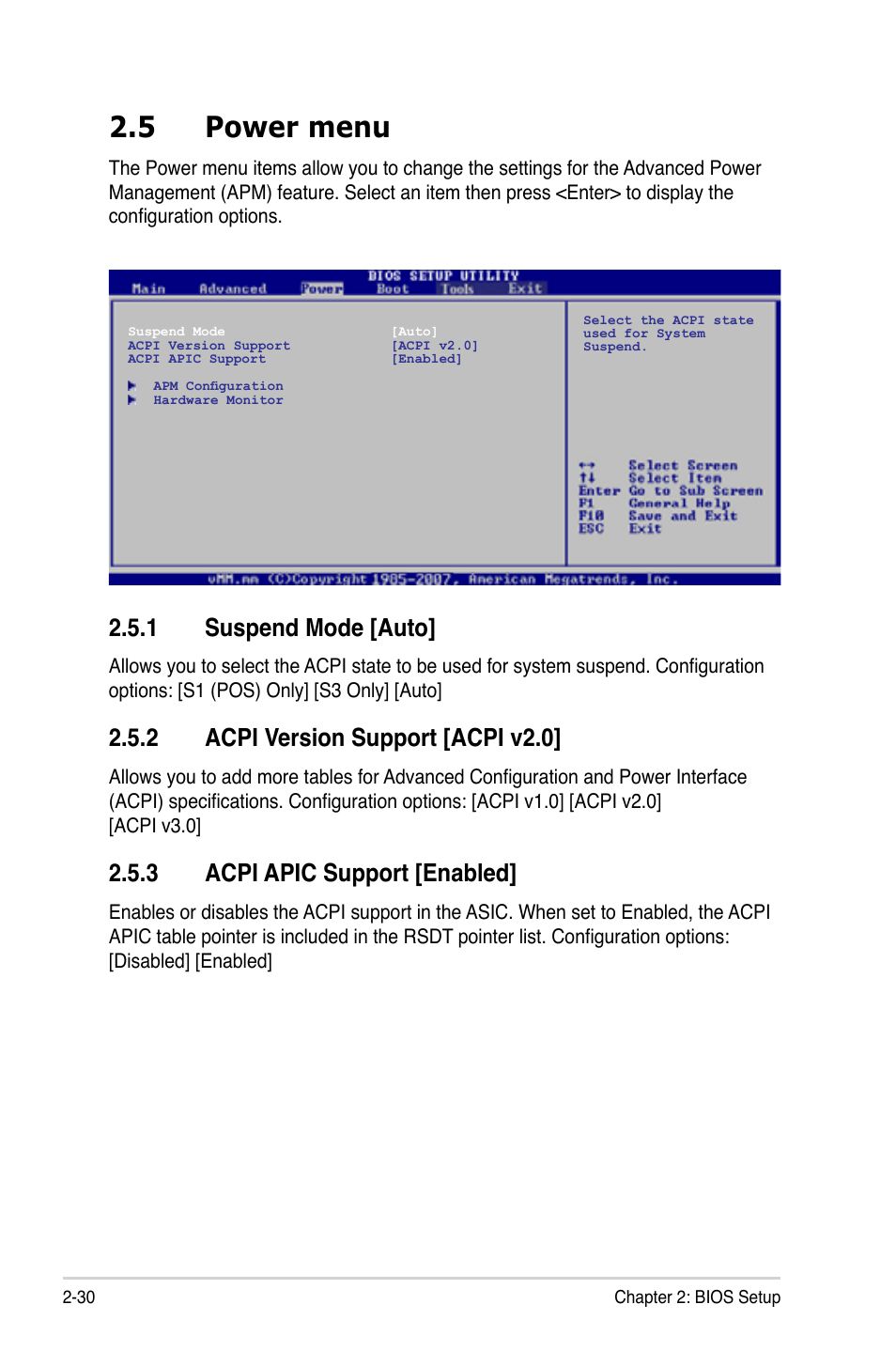 5 power menu, 1 suspend mode [auto, 2 acpi version support [acpi v2.0 | 3 acpi apic support [enabled | Asus M2V-MX SE User Manual | Page 72 / 90