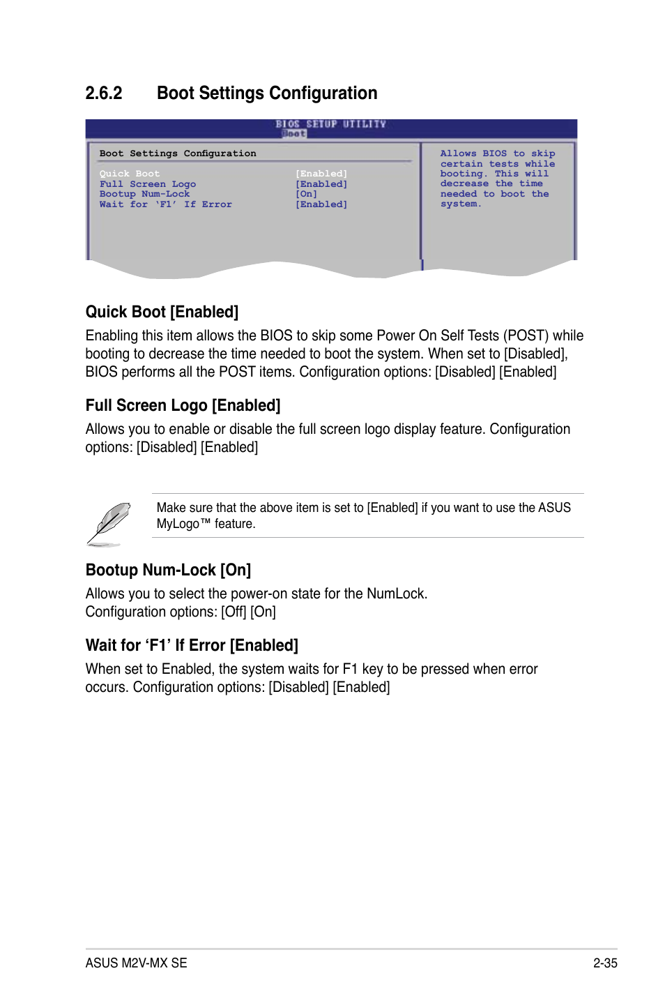 2 boot settings configuration, Quick boot [enabled, Full screen logo [enabled | Bootup num-lock [on, Wait for ‘f1’ if error [enabled | Asus M2V-MX SE User Manual | Page 77 / 90